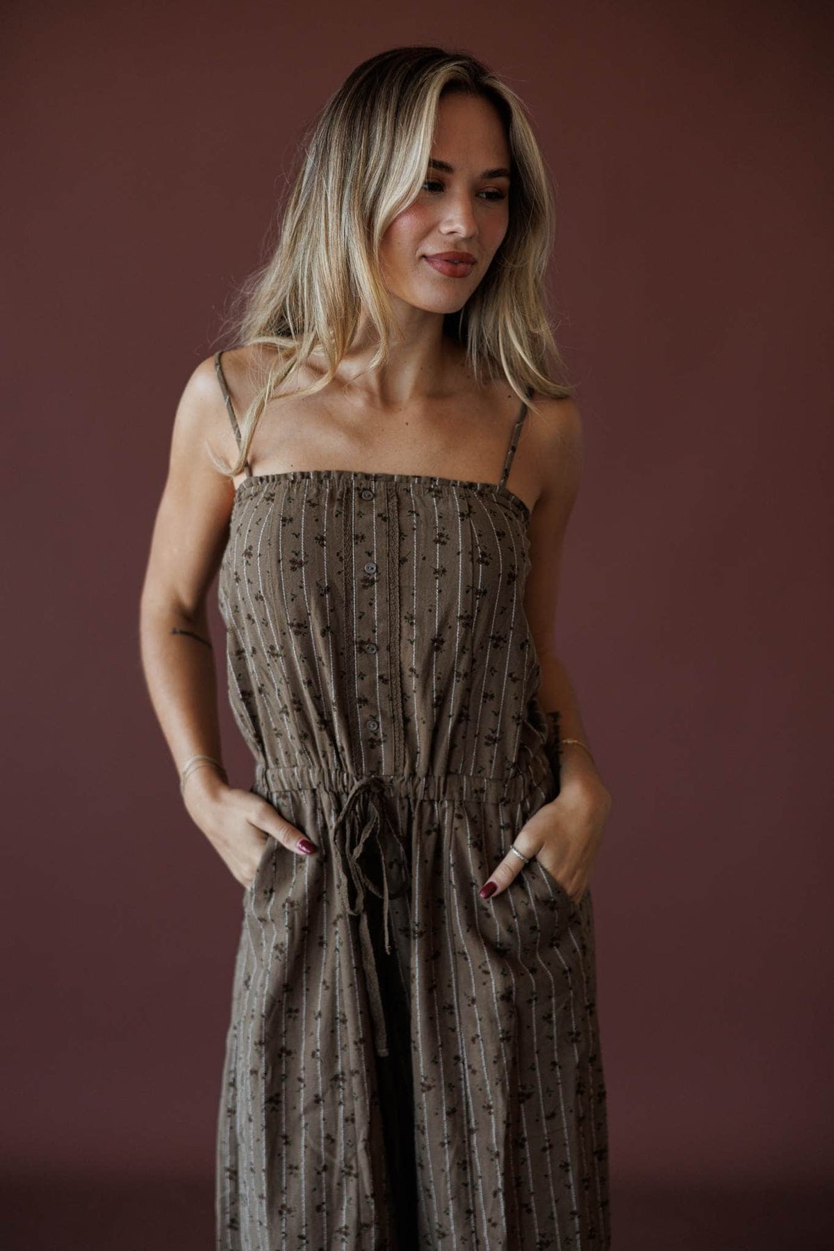 Garden Social Barrel Jumpsuit, in dark brown, side view of the barrel leg