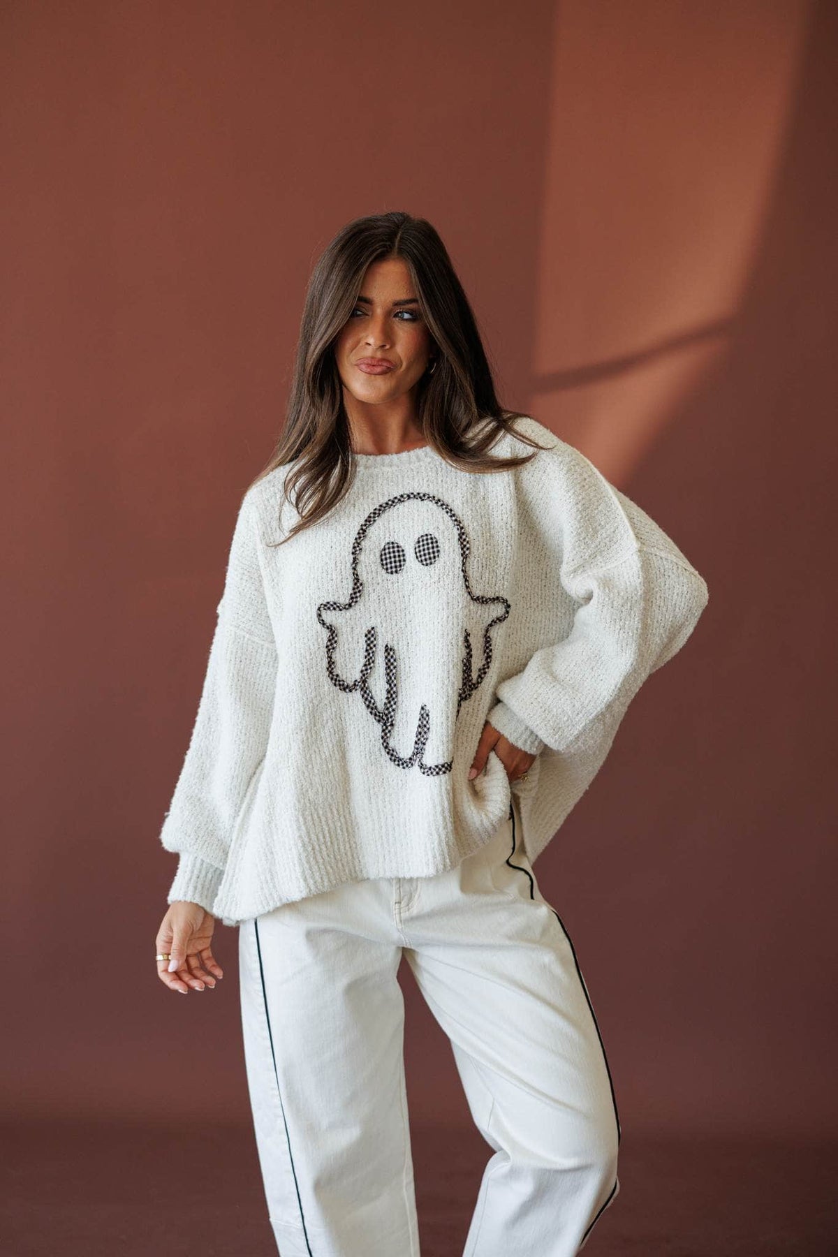 Friendly Ghost Sweater, three-quarter view of the dropped shoulder