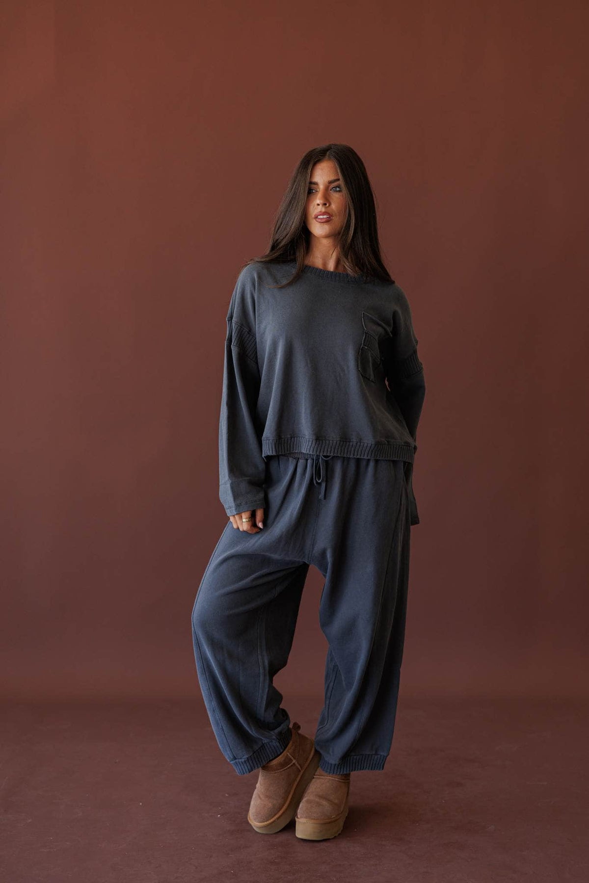 Take Five Pullover, full-length front view with the joggers