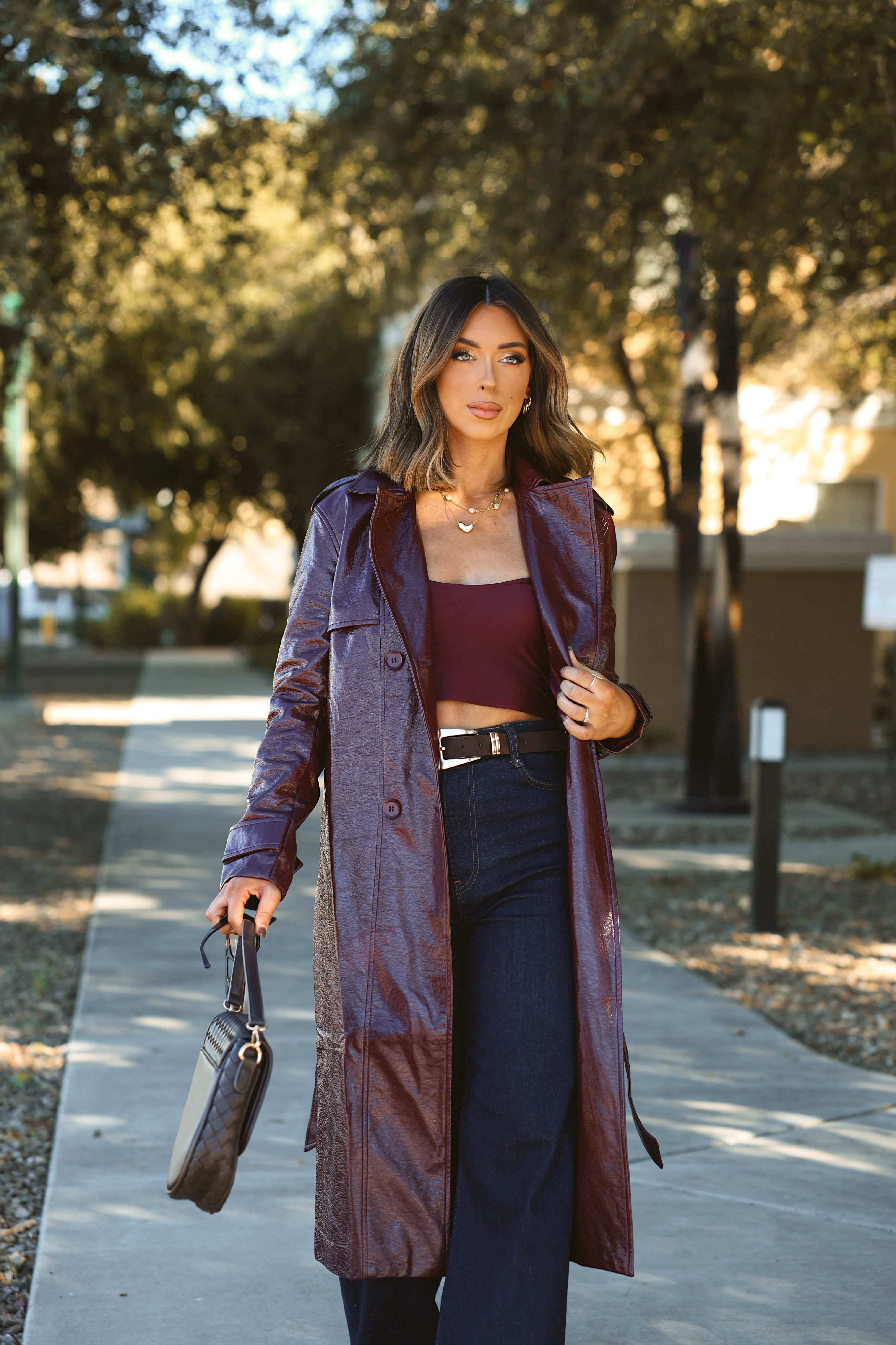 Wine Leather Trench Coat