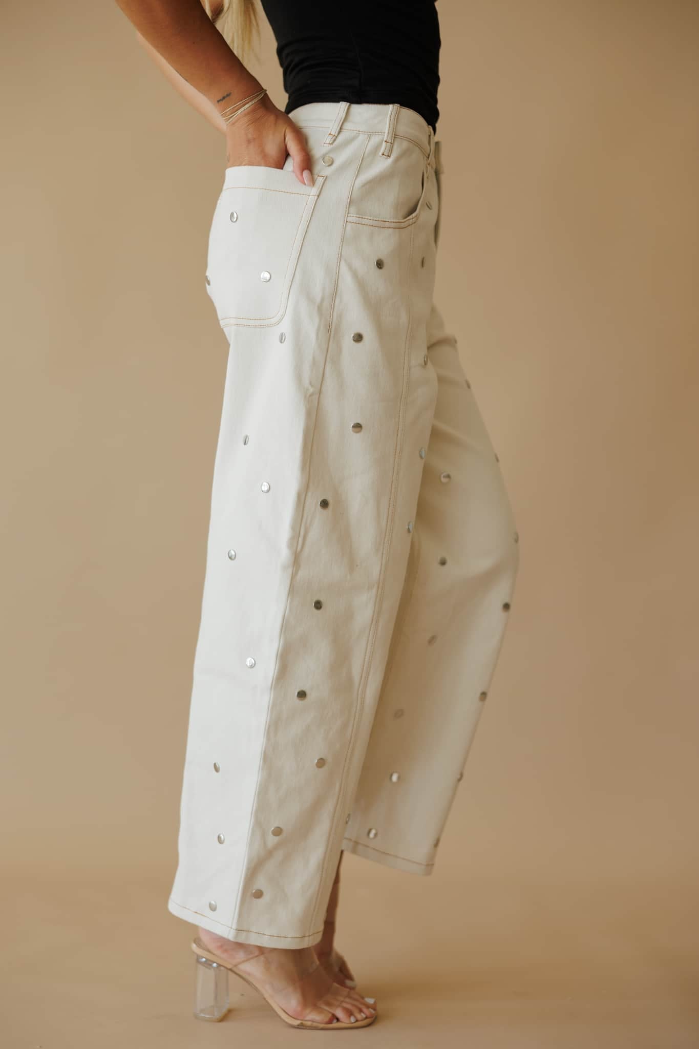 Cream Studded Barrel Jeans