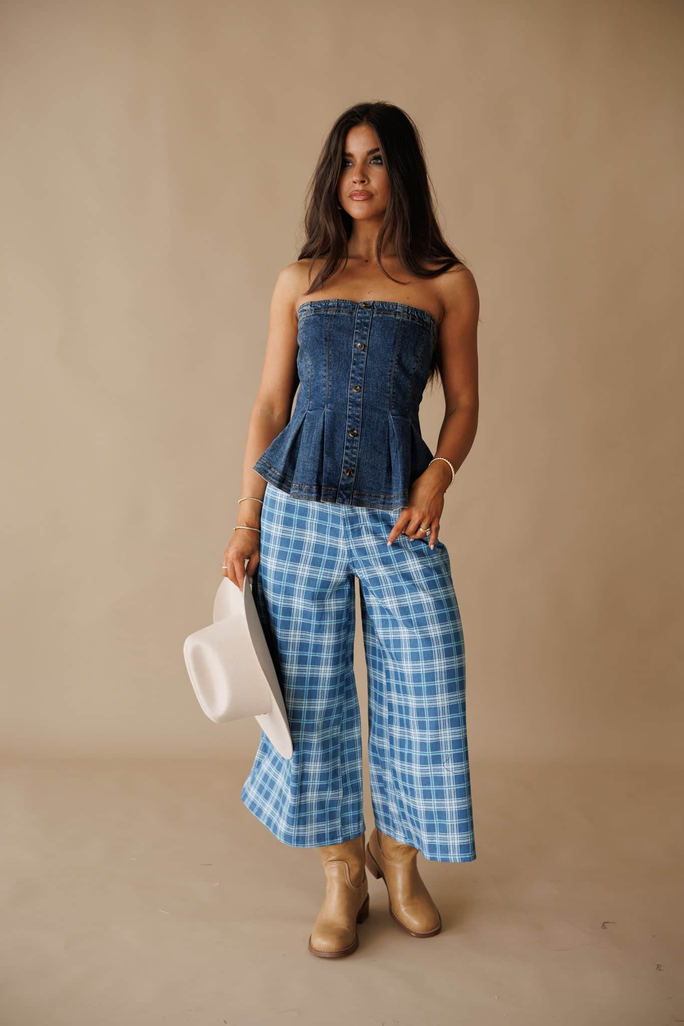 Plaid Denim Cropped Wide Leg Pants