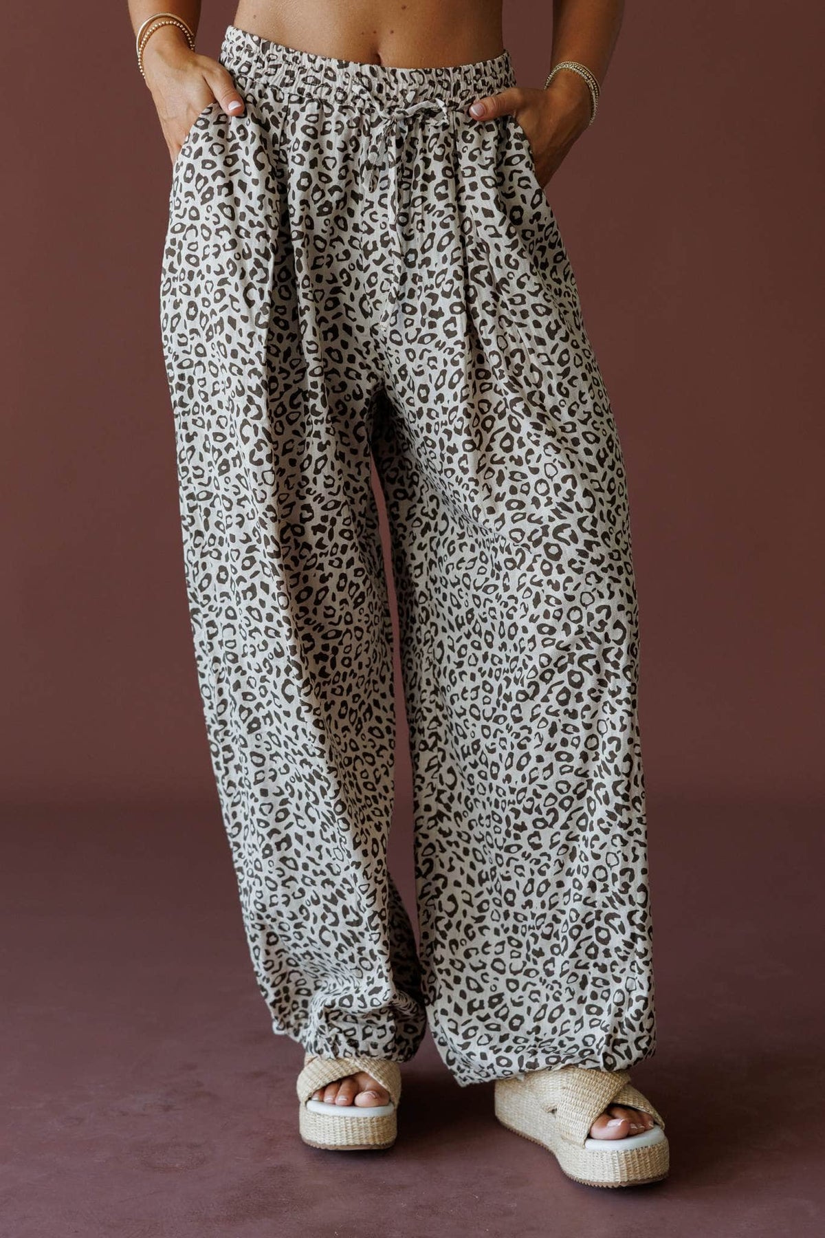 Leopard Balloon Pants in leopard, front close-up of the paperbag waist and leopard print