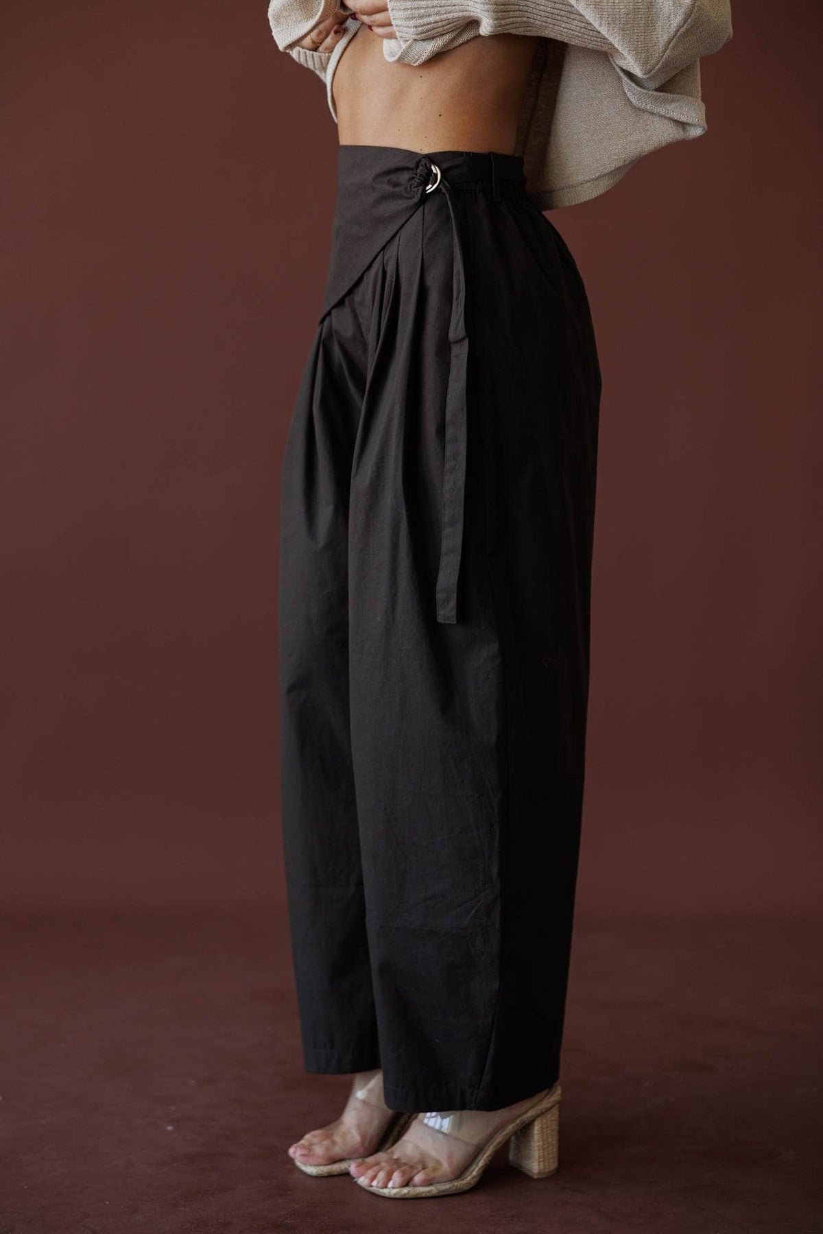 Scarf Tie Trouser, in dark chocolate, side view of the wrap tie waist