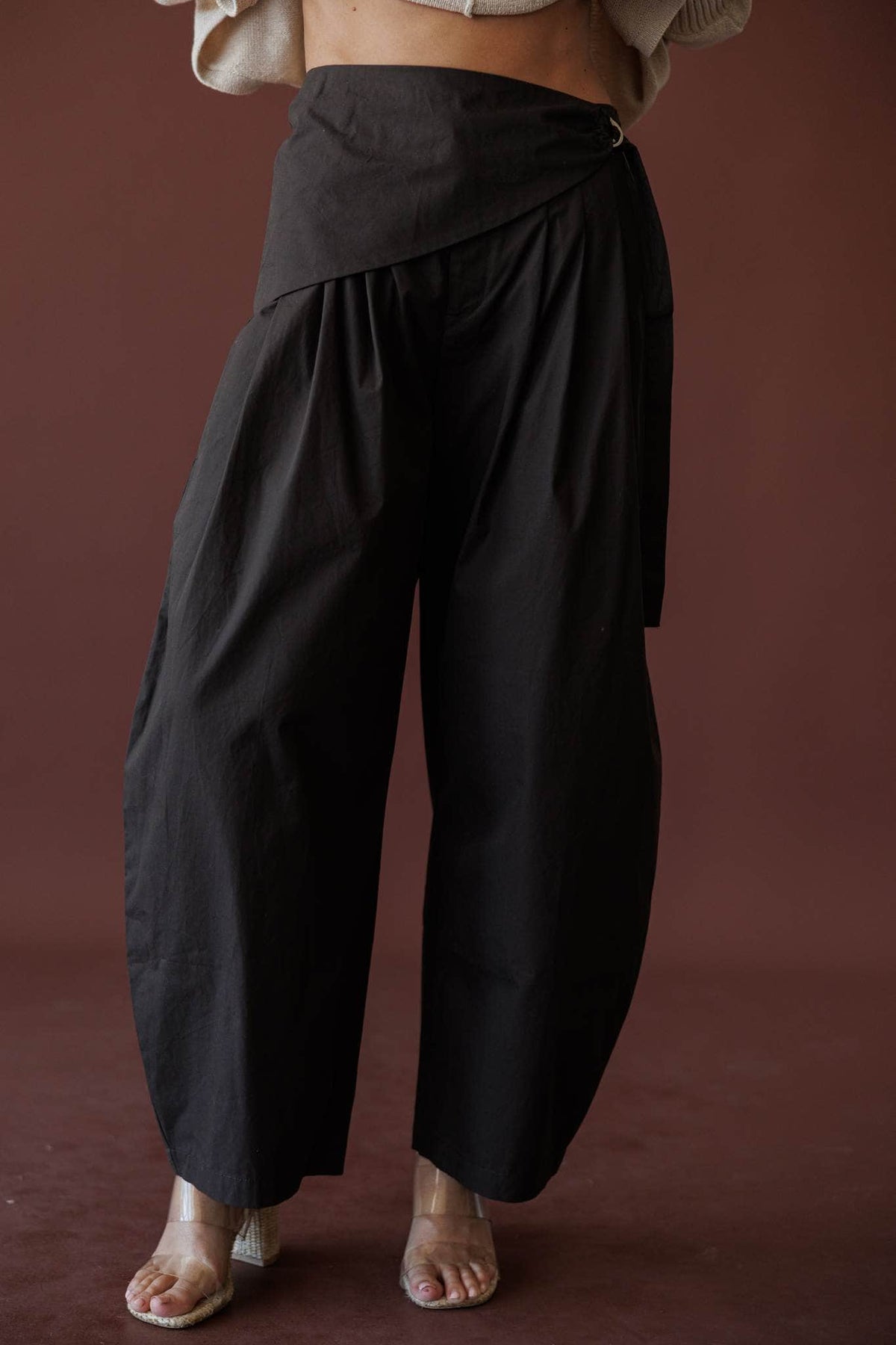 Scarf Tie Trouser, in dark chocolate, front view of the sarong wrap trouser