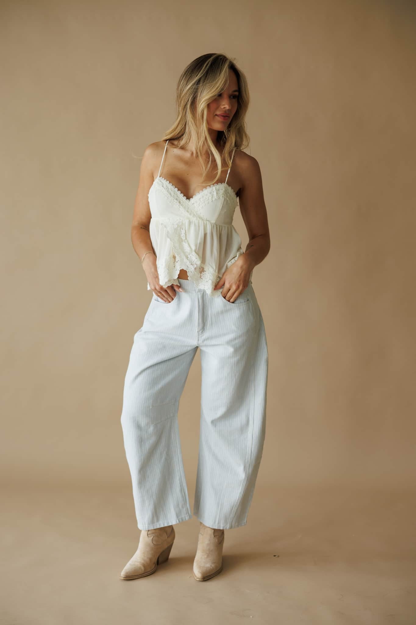 Striped Twill Denim Barrel Pants