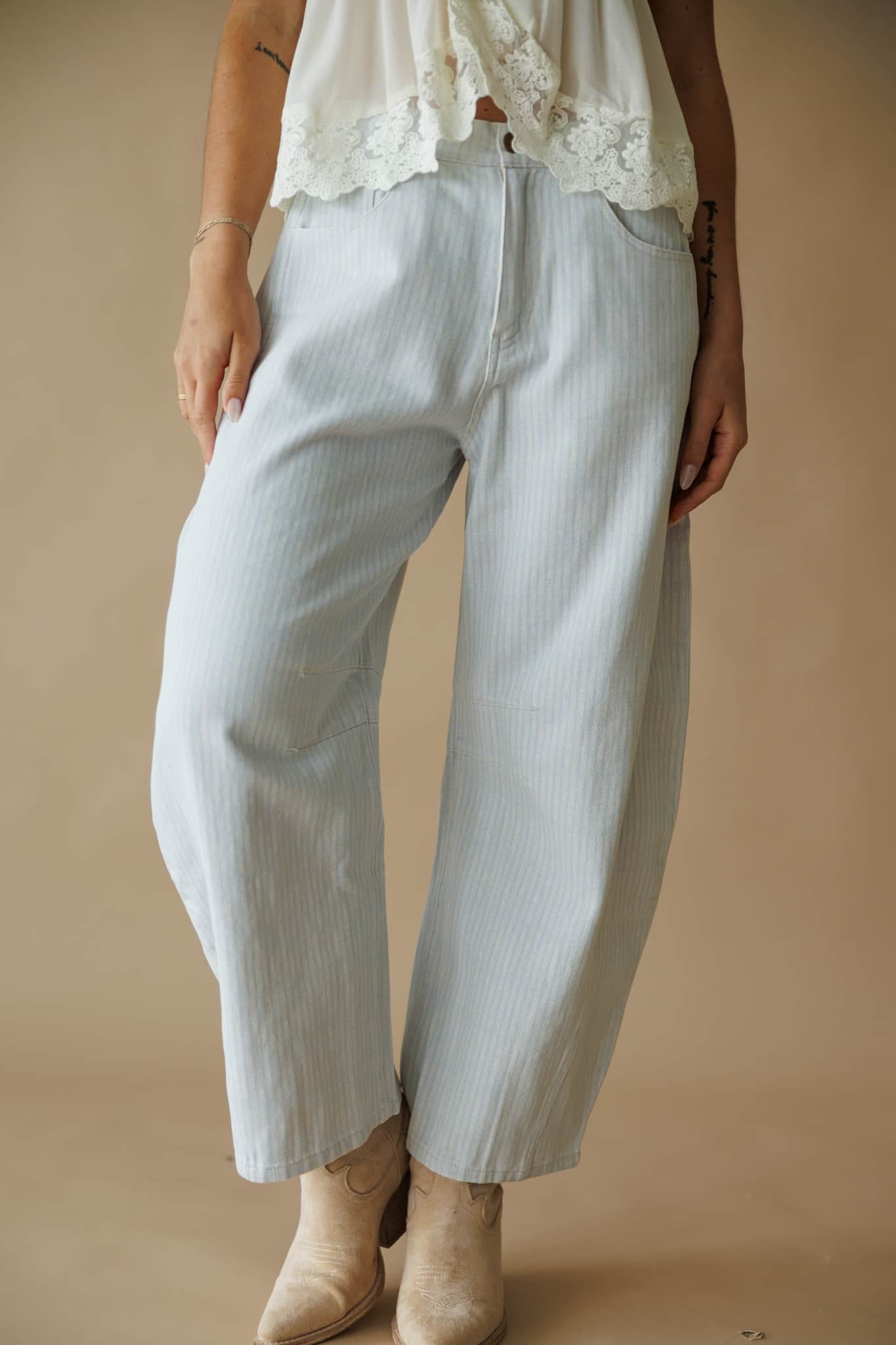 Striped Twill Denim Barrel Pants