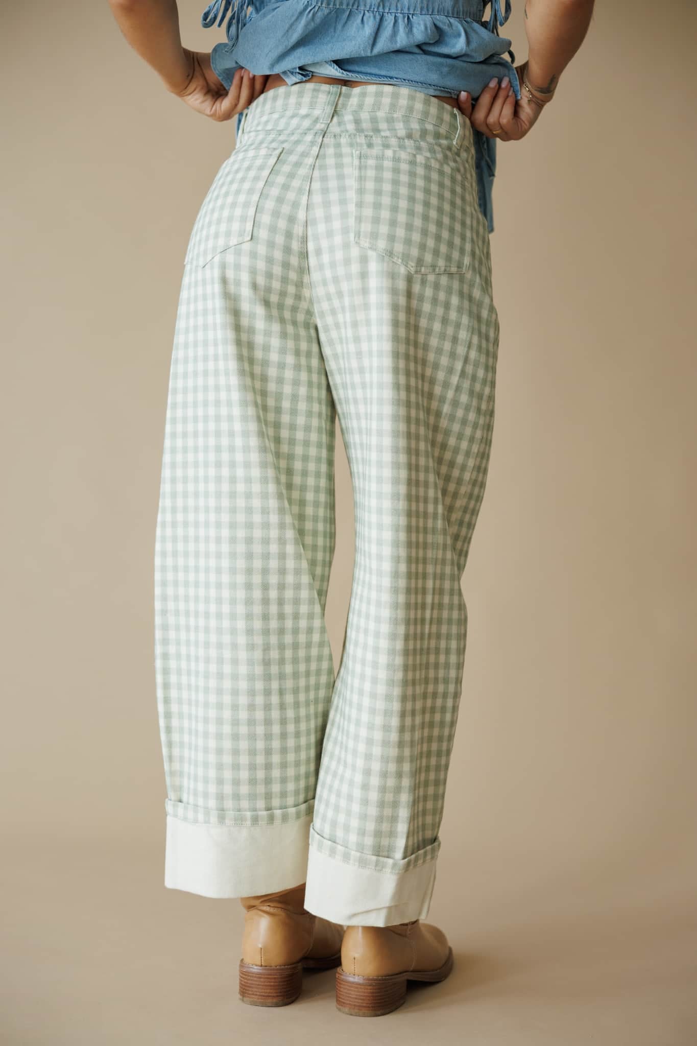 Sage Gingham Cuffed Barrel Pants