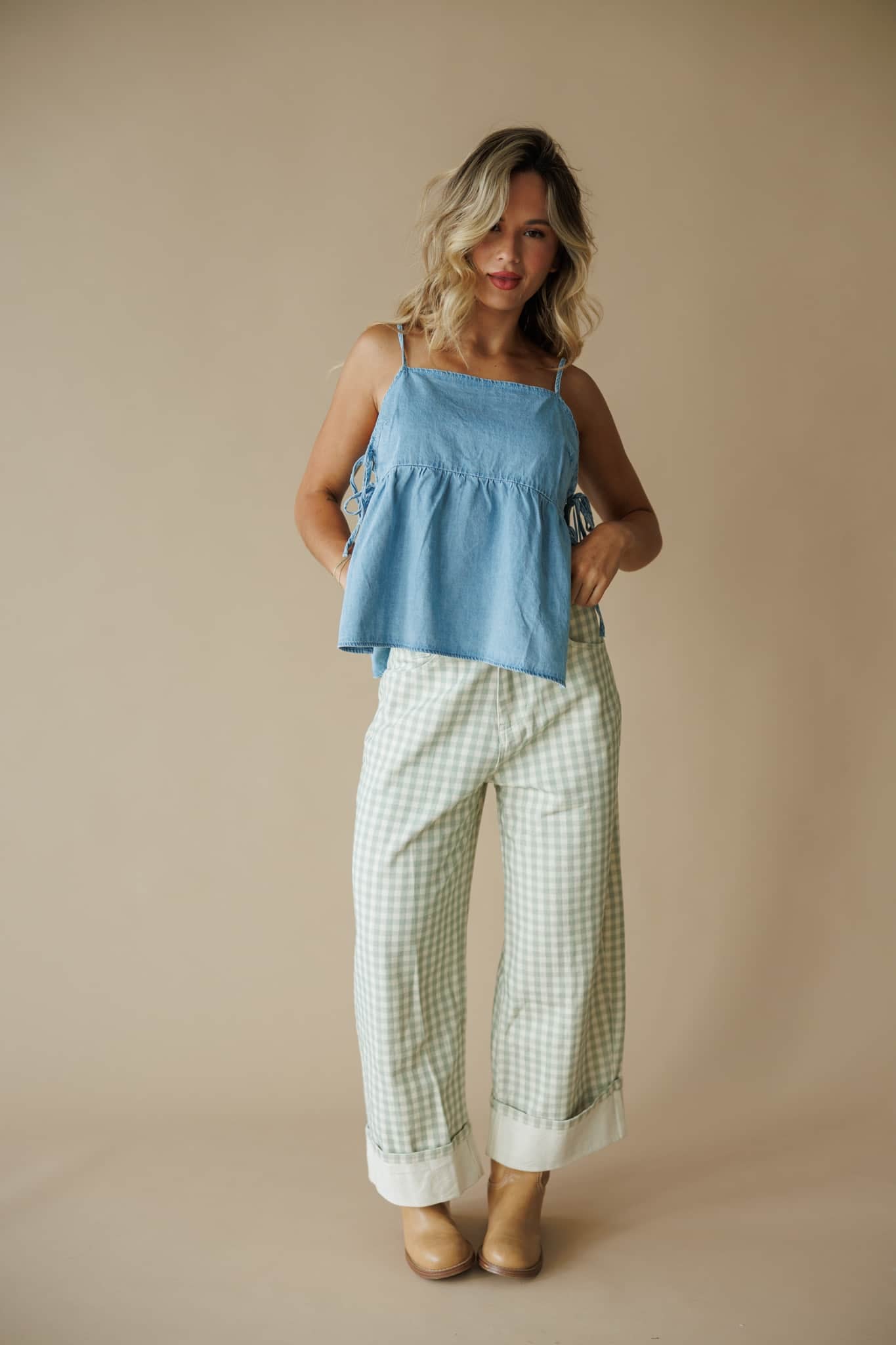 Sage Gingham Cuffed Barrel Pants