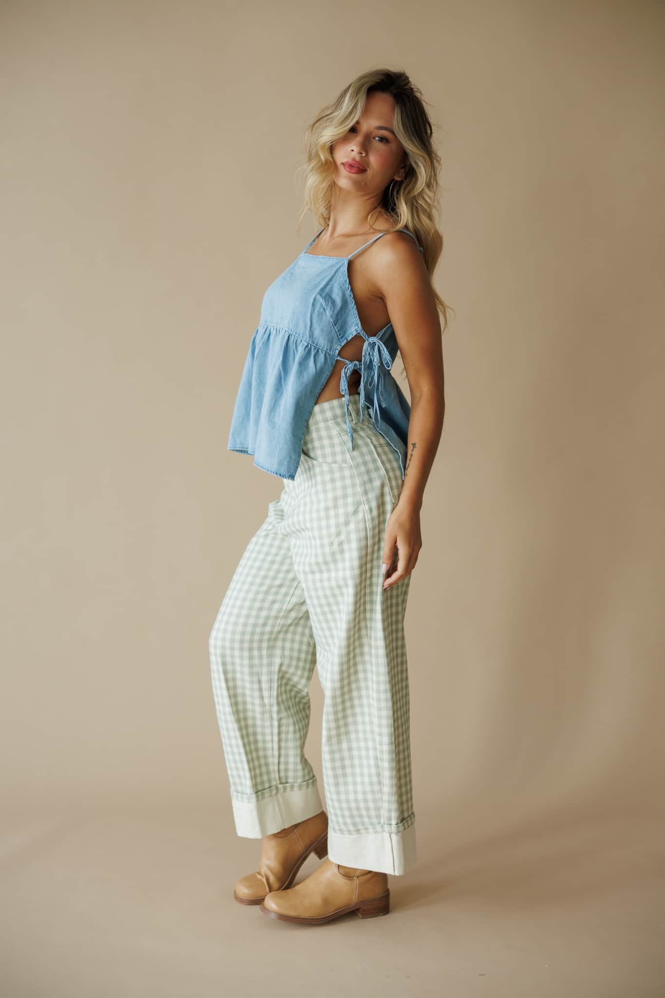 Sage Gingham Cuffed Barrel Pants