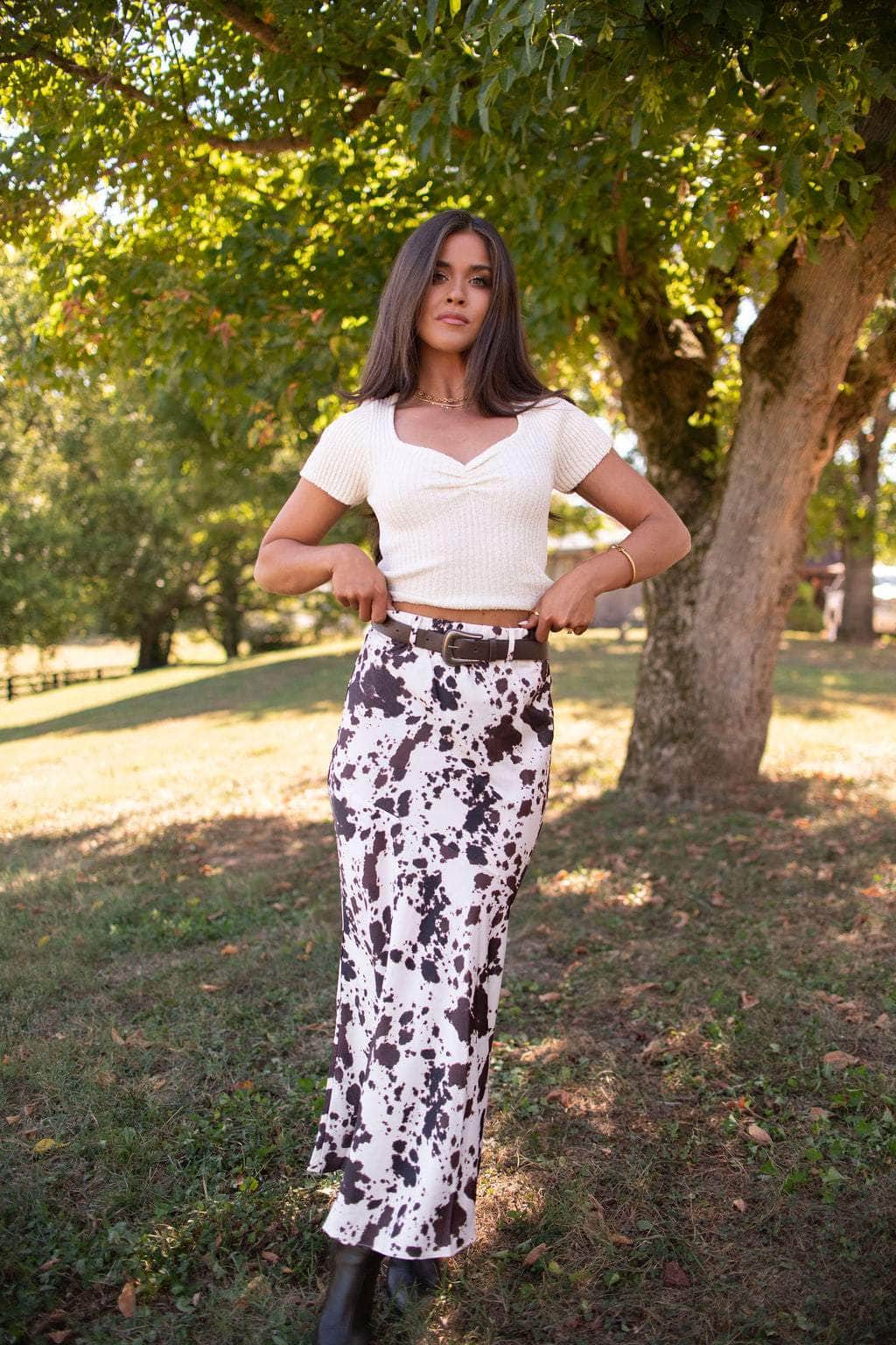 Cow Print Belted Maxi Skirt