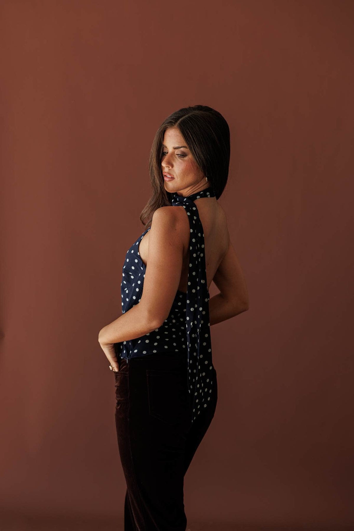 Spot On Scarf Halter Top, side view with the scarf falling