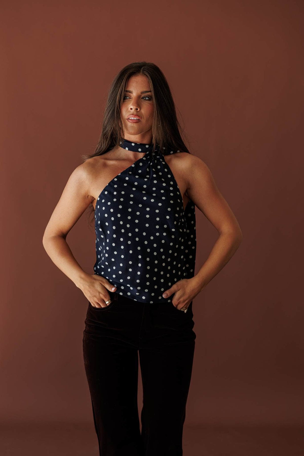 Spot On Scarf Halter Top, front view of the scarf tie and halter neck