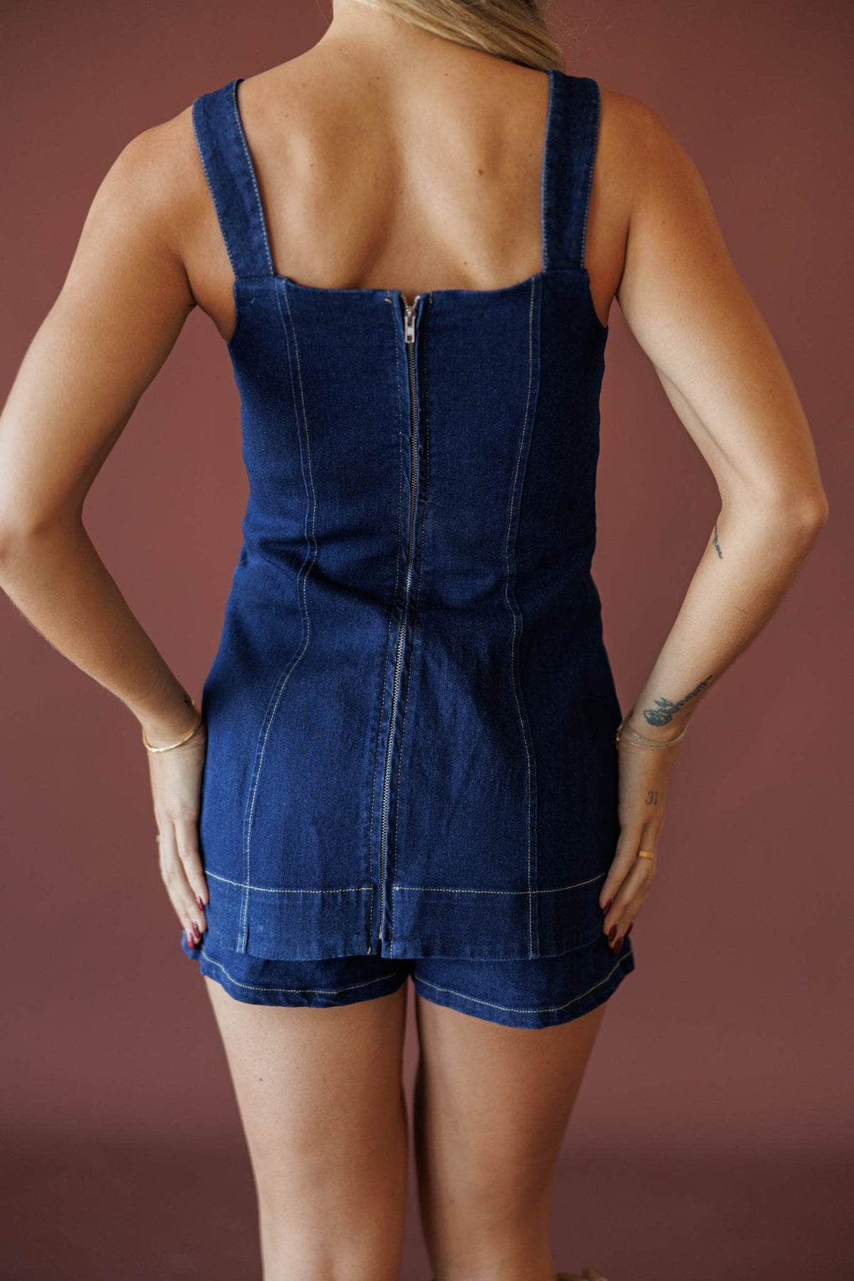 Denim Darling Square Neck Romper, in denim, back view of the zip closure