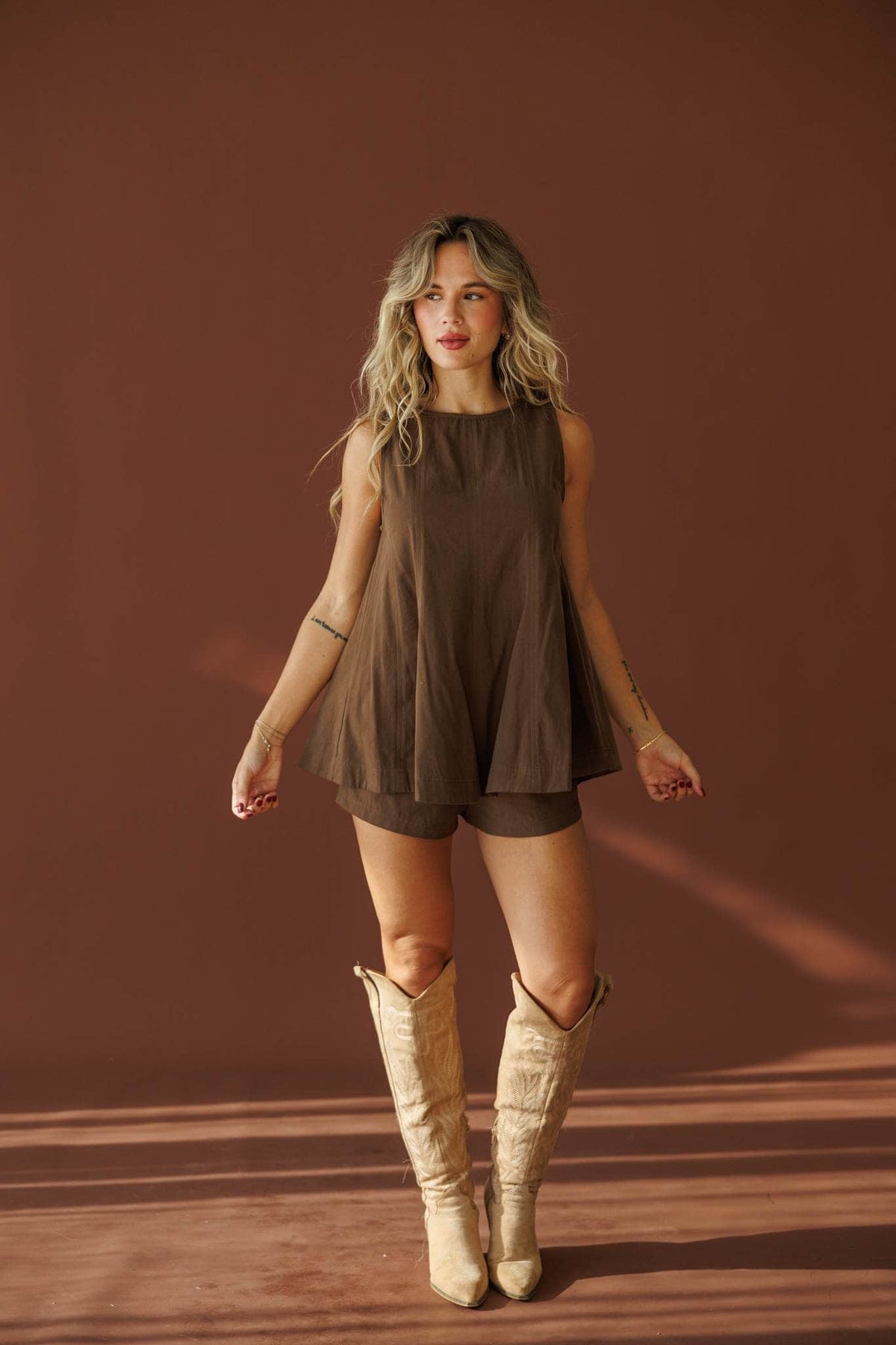 Safari Club Twill Shorts in brown, full-length view with the matching twill top