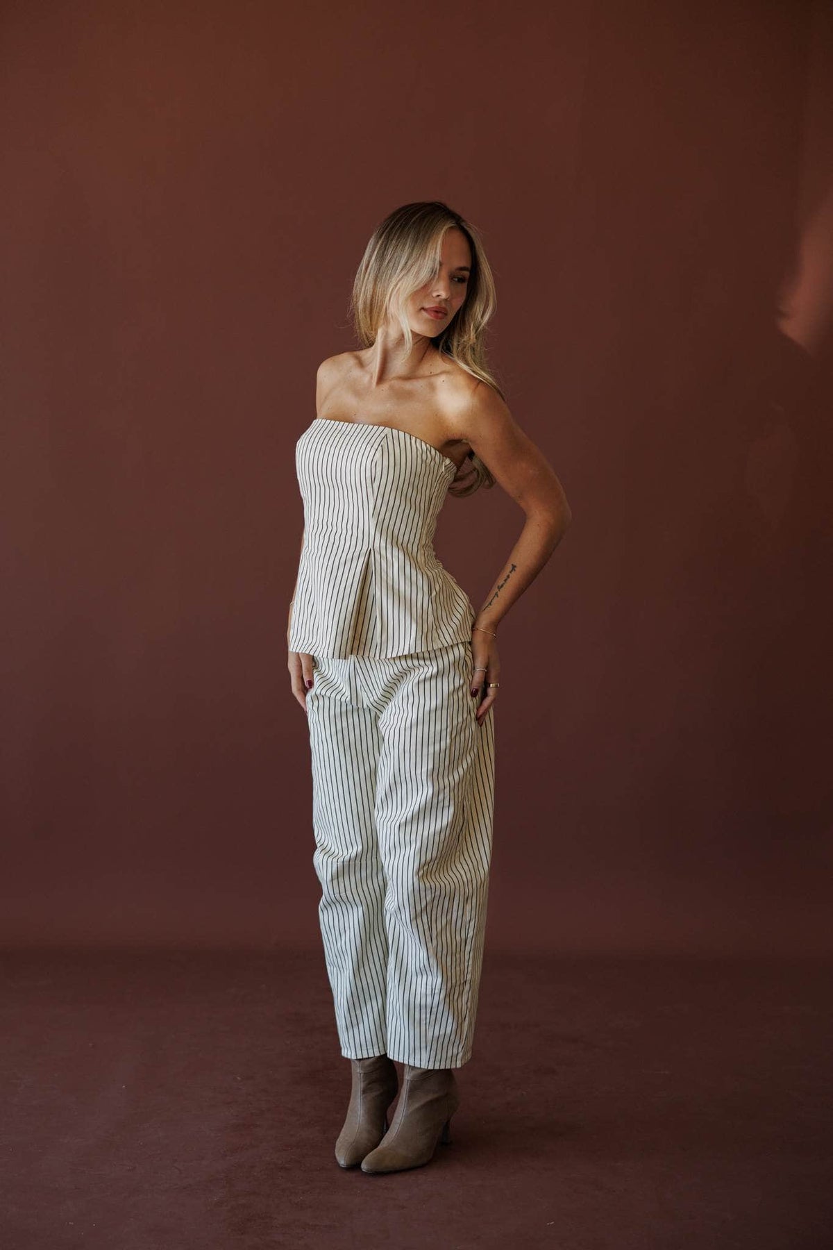 Boardwalk Stripe Barrel Pants, in cream, three-quarter view of the matching set