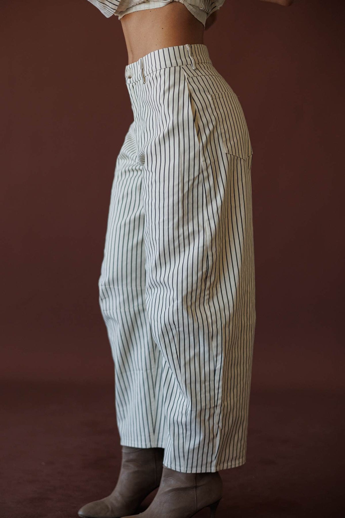 Boardwalk Stripe Barrel Pants, in cream, side view of the pleated barrel leg