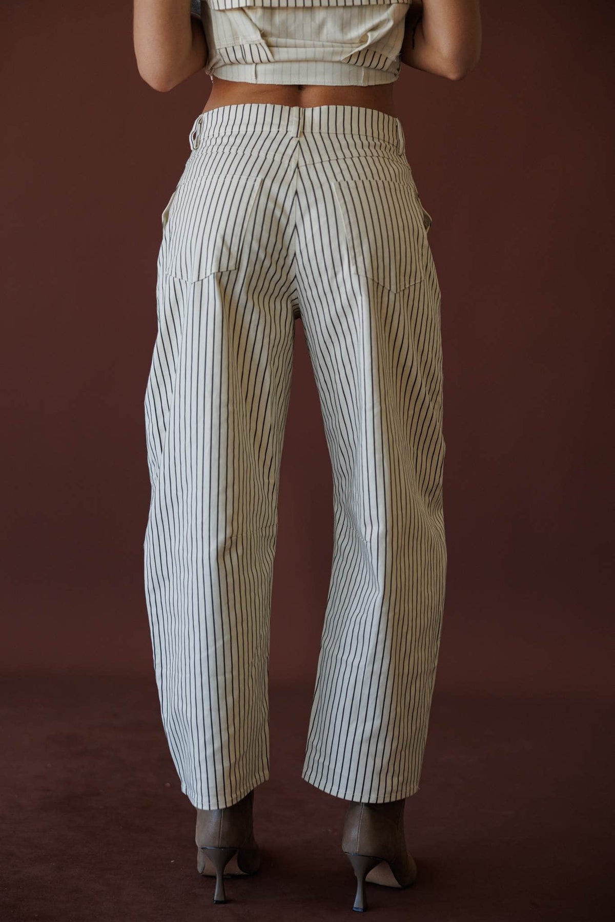 Boardwalk Stripe Barrel Pants, in cream, back view of the barrel pants
