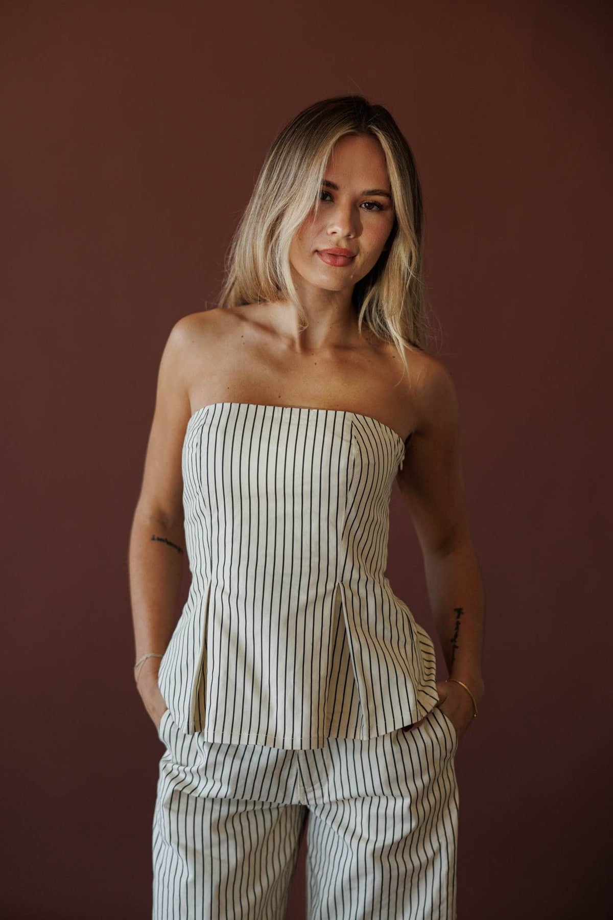 Boardwalk Stripe Tube Top, in cream, front view of the pinstripe tube top