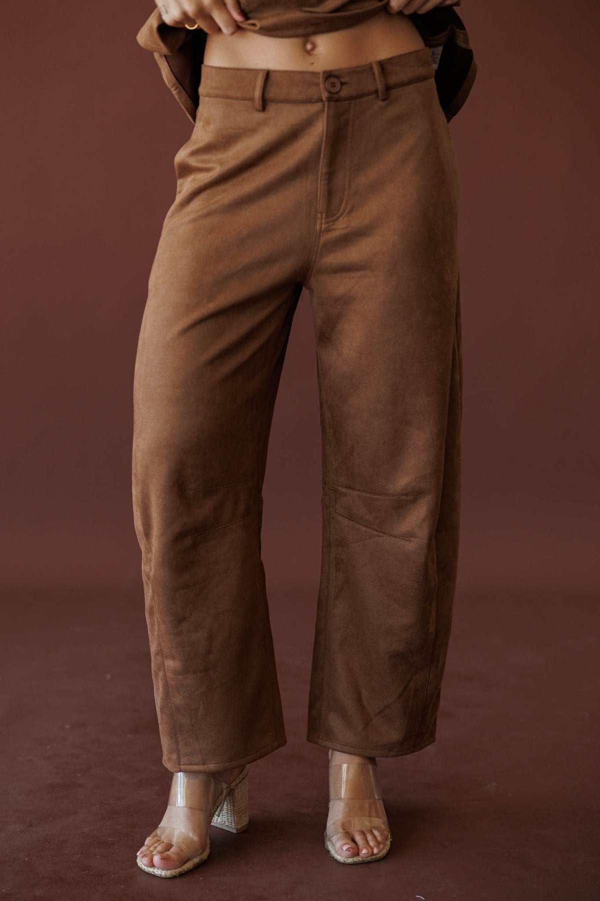 Suede Society Barrel Pants, in camel, front view of the suede barrel pants