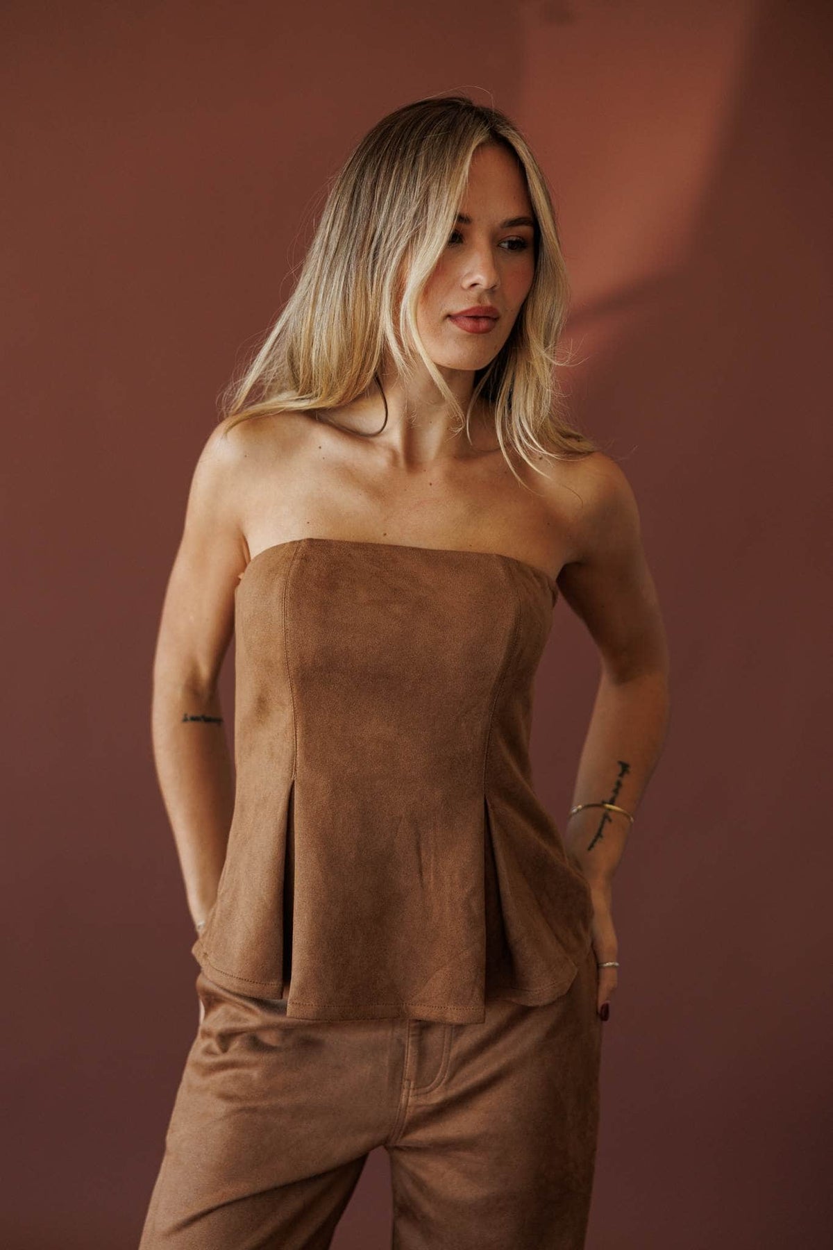 Suede Society Strapless Top, in camel, close front view of the suede texture