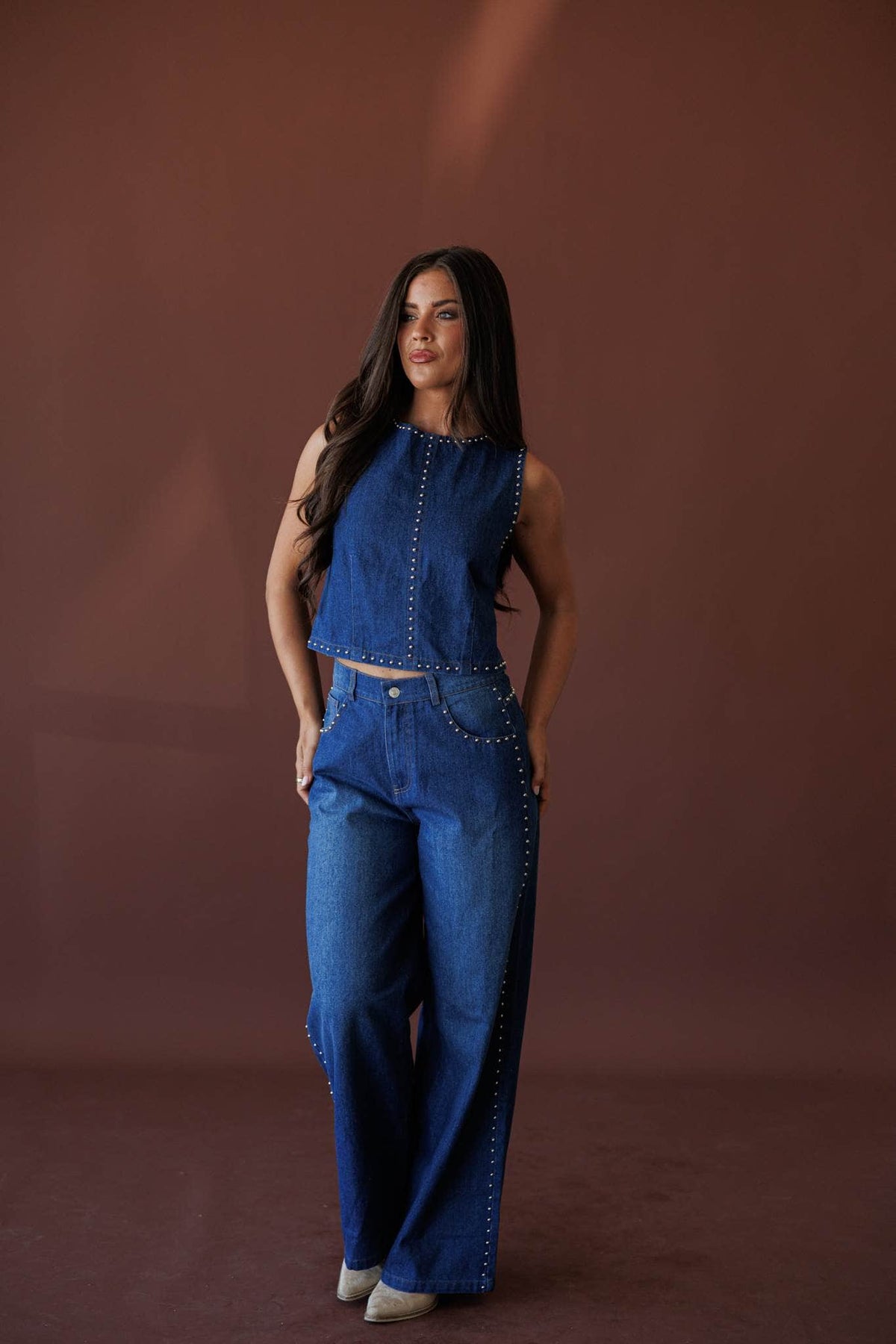 Studded Line Denim Vest, in denim, full-length view with the matching jeans