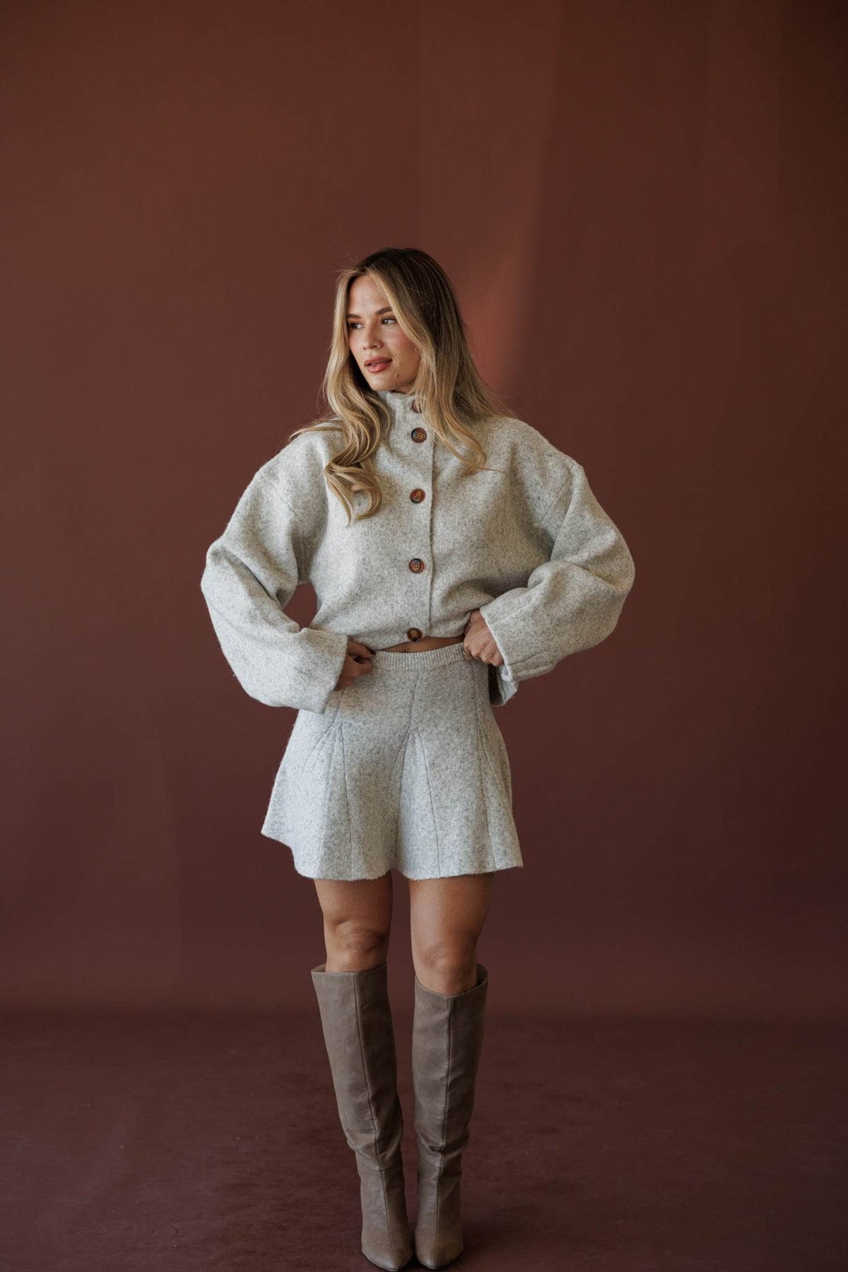 Cozied Up Flare Knit Skirt, in oatmeal, three-quarter view with the matching knit jacket