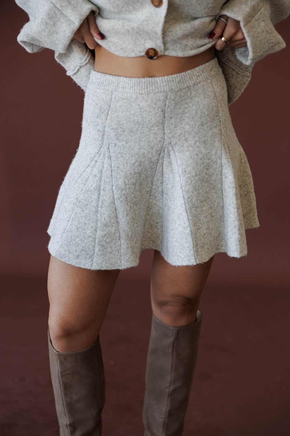 Cozied Up Flare Knit Skirt, in oatmeal, front view of the flare knit mini skirt