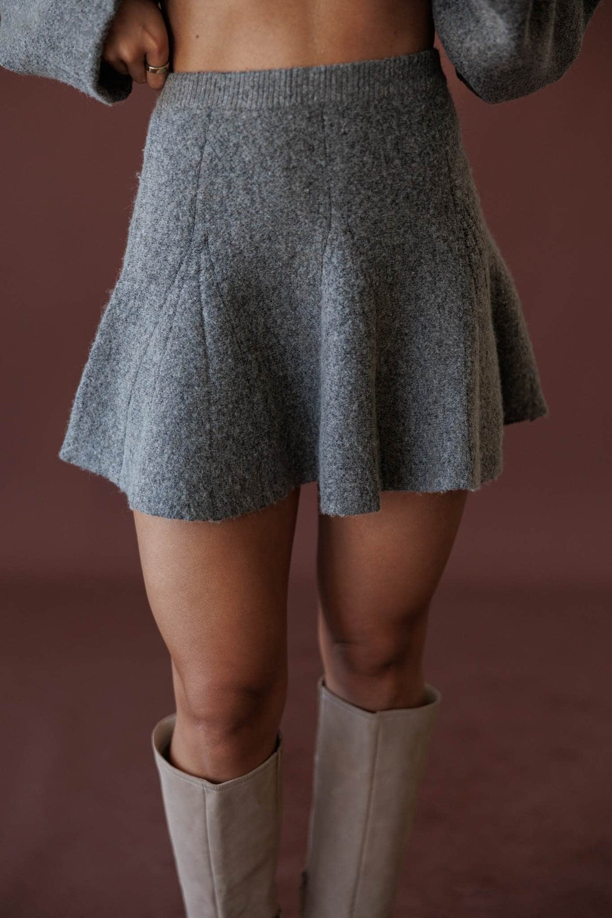 Cozied Up Flare Knit Skirt, in mocha, front view of the flare knit mini skirt