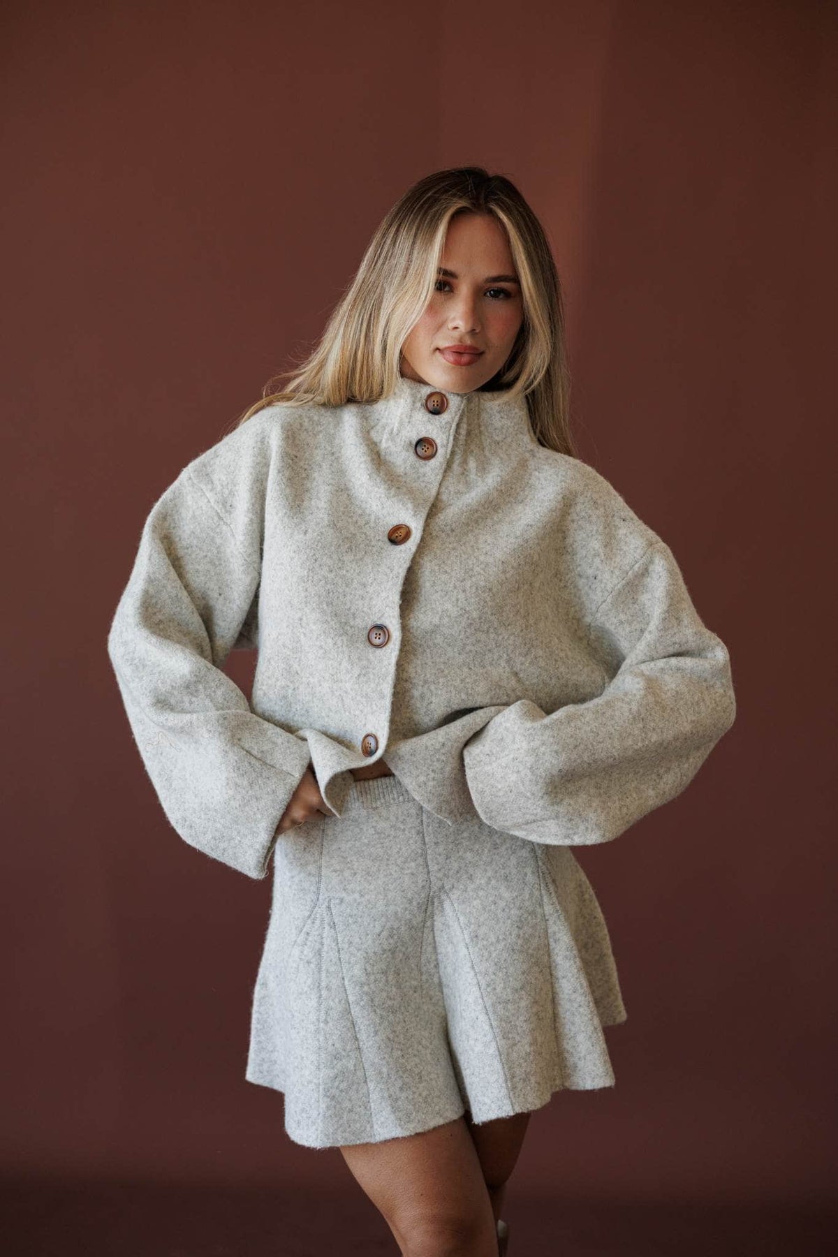 Cozied Up Knit Jacket, in oatmeal, front view with the matching knit skirt