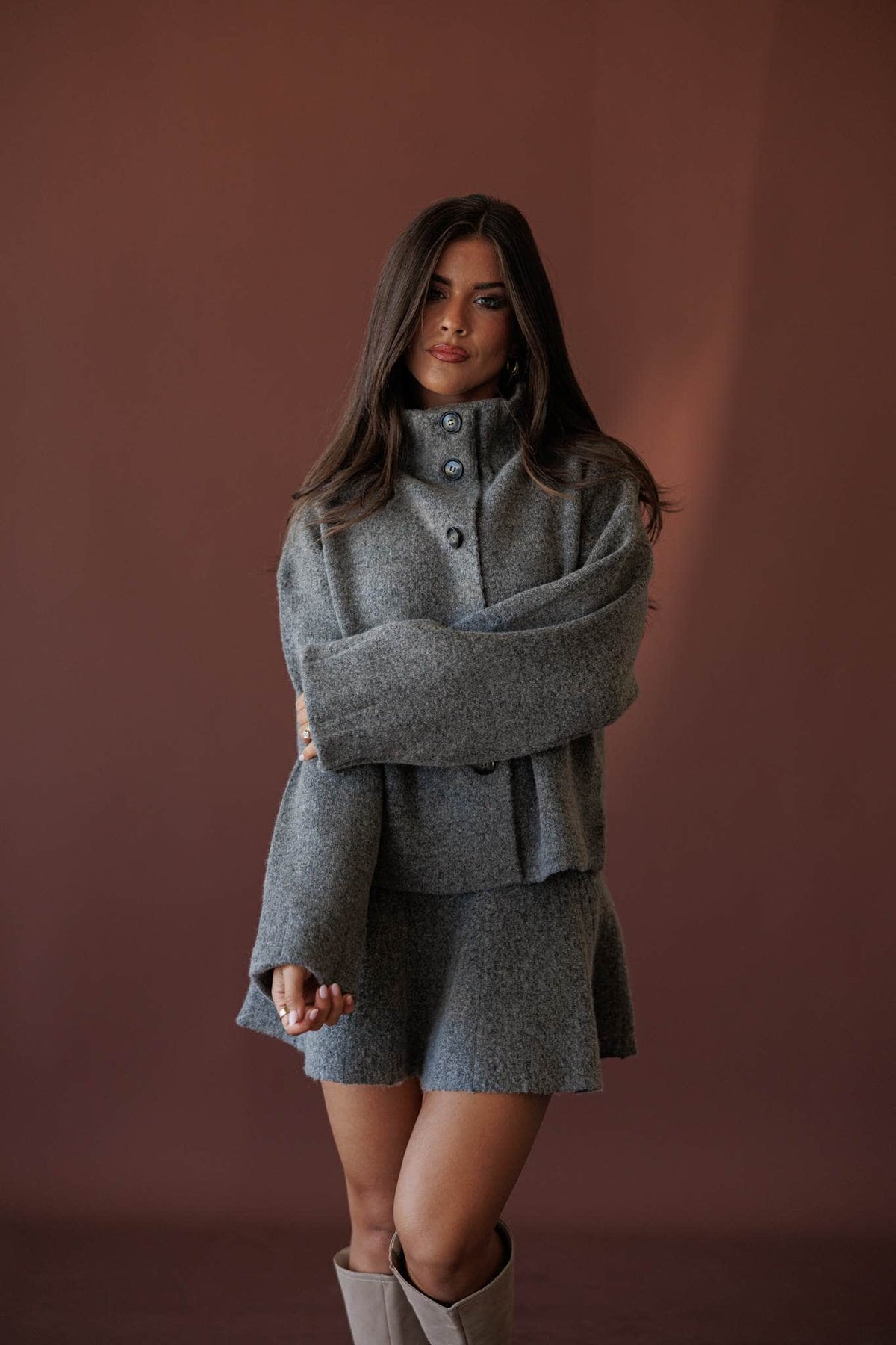Cozied Up Knit Jacket, in mocha, close view of the funnel neck