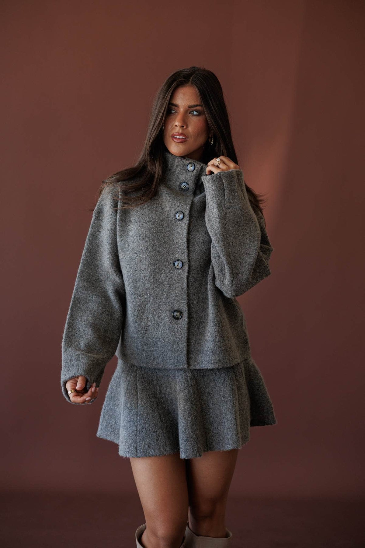 Cozied Up Knit Jacket, in mocha, three-quarter front view of the jacket