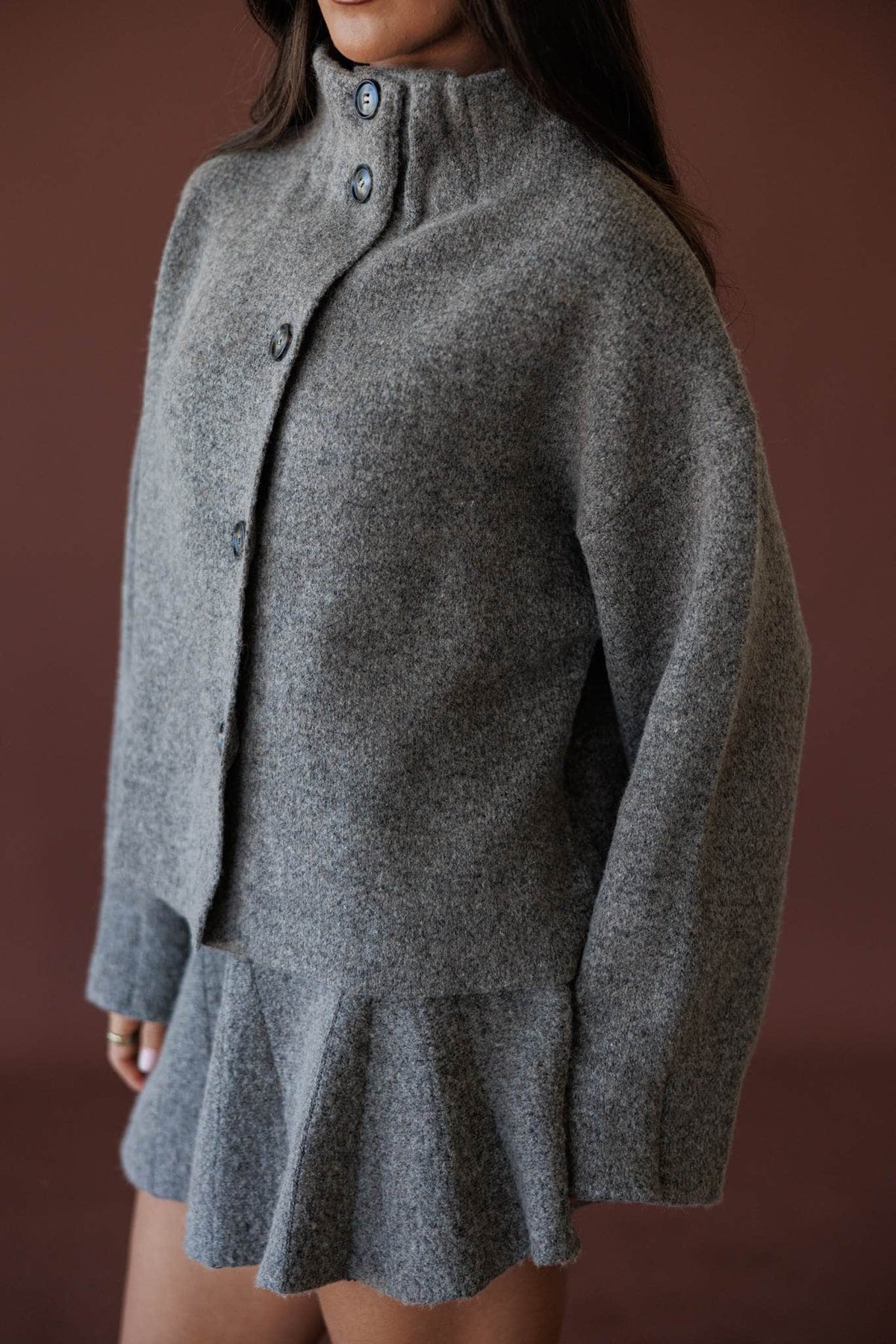 Cozied Up Knit Jacket, in mocha, side view of the cropped boxy body