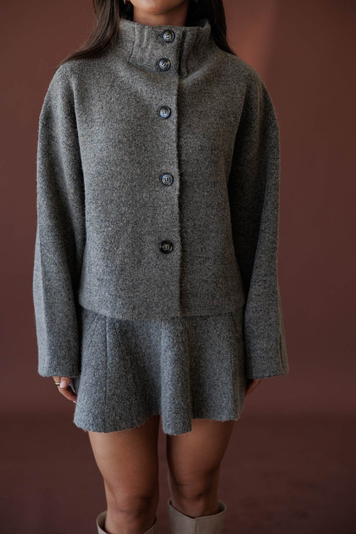 Cozied Up Knit Jacket, in mocha, close front view of the button placket