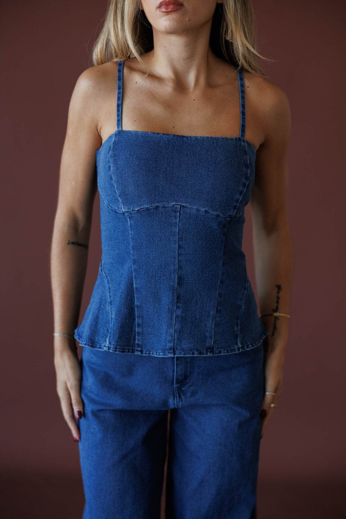 True Blue Denim Bustier, in dark denim, close front view of the square neckline