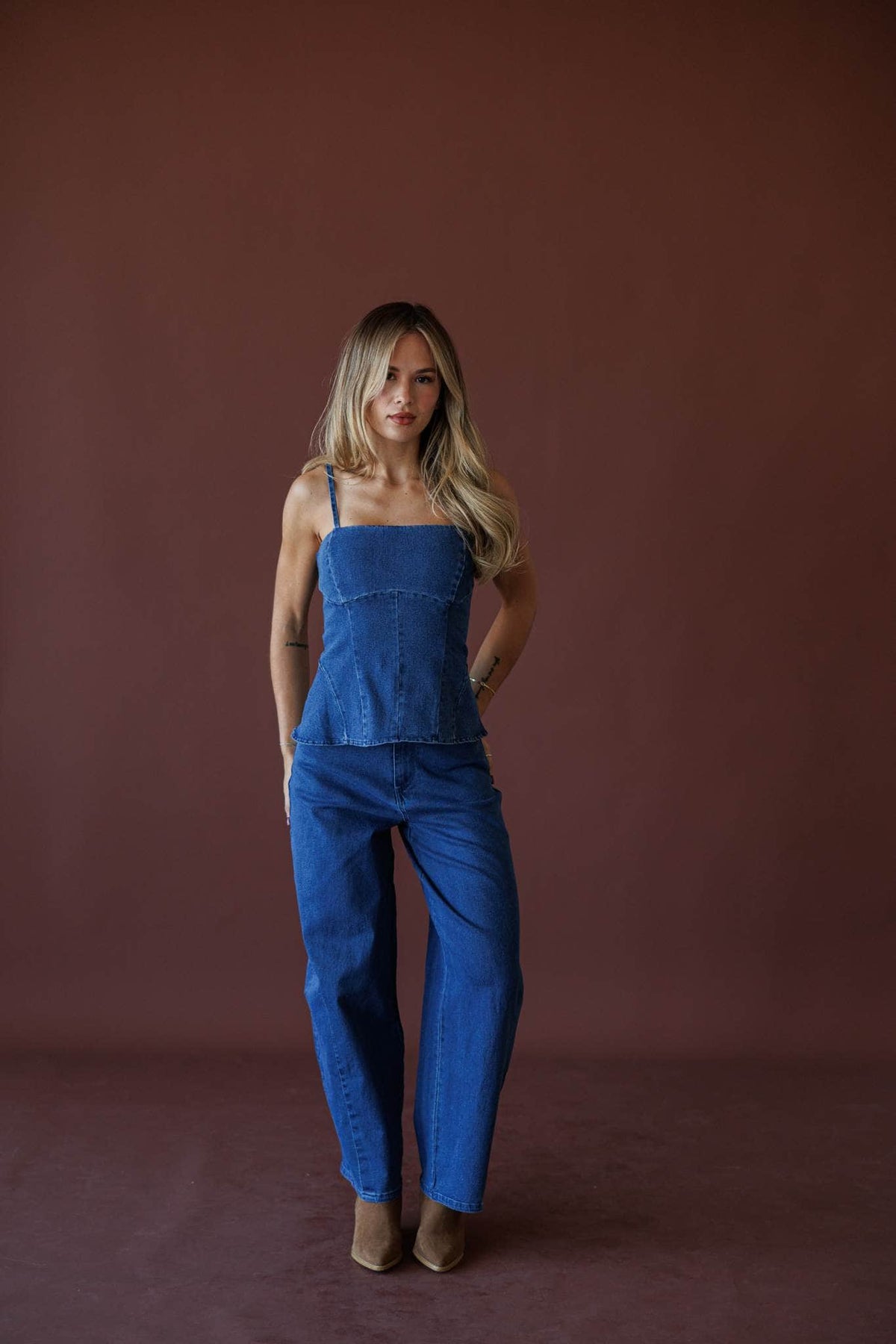 True Blue Denim Bustier, in dark denim, full-length view with the matching jeans