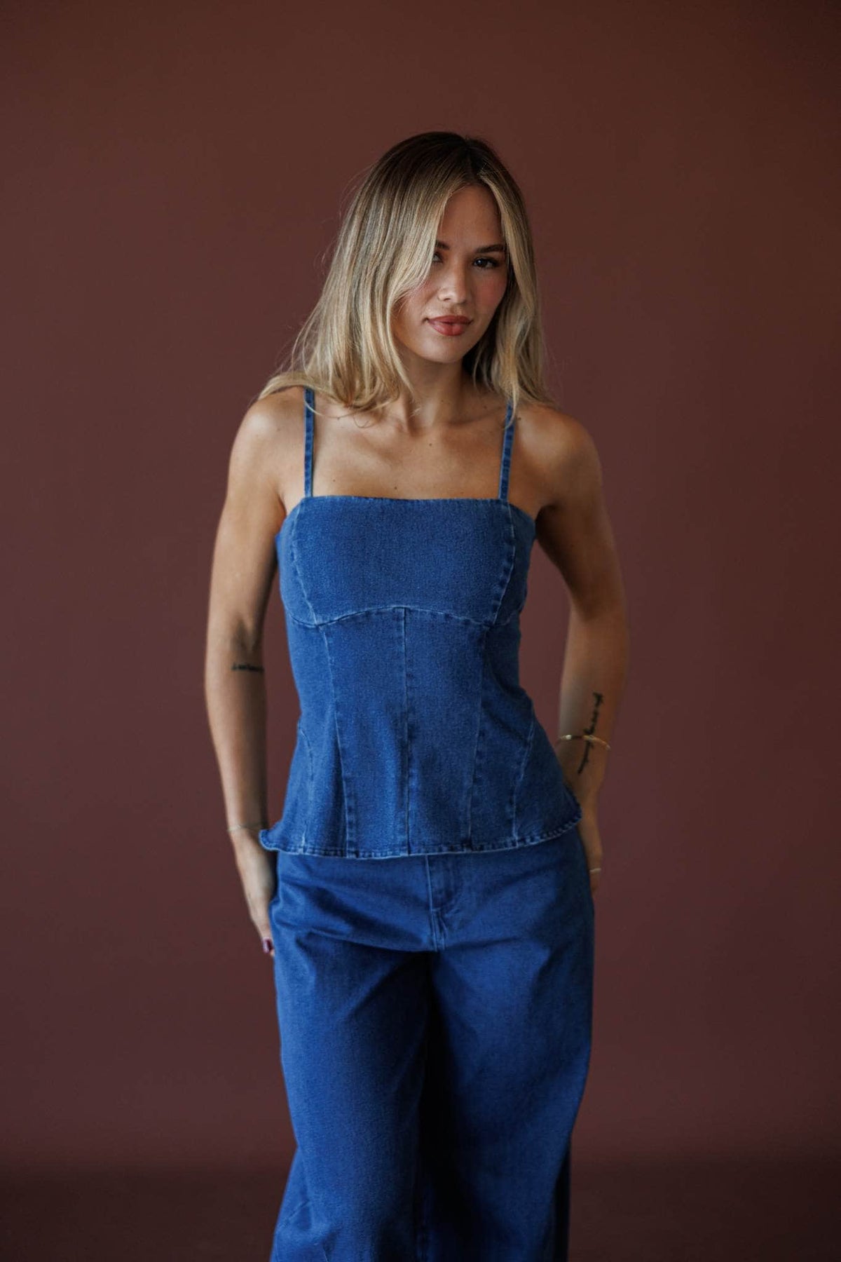True Blue Denim Bustier, in dark denim, front view of the denim bustier