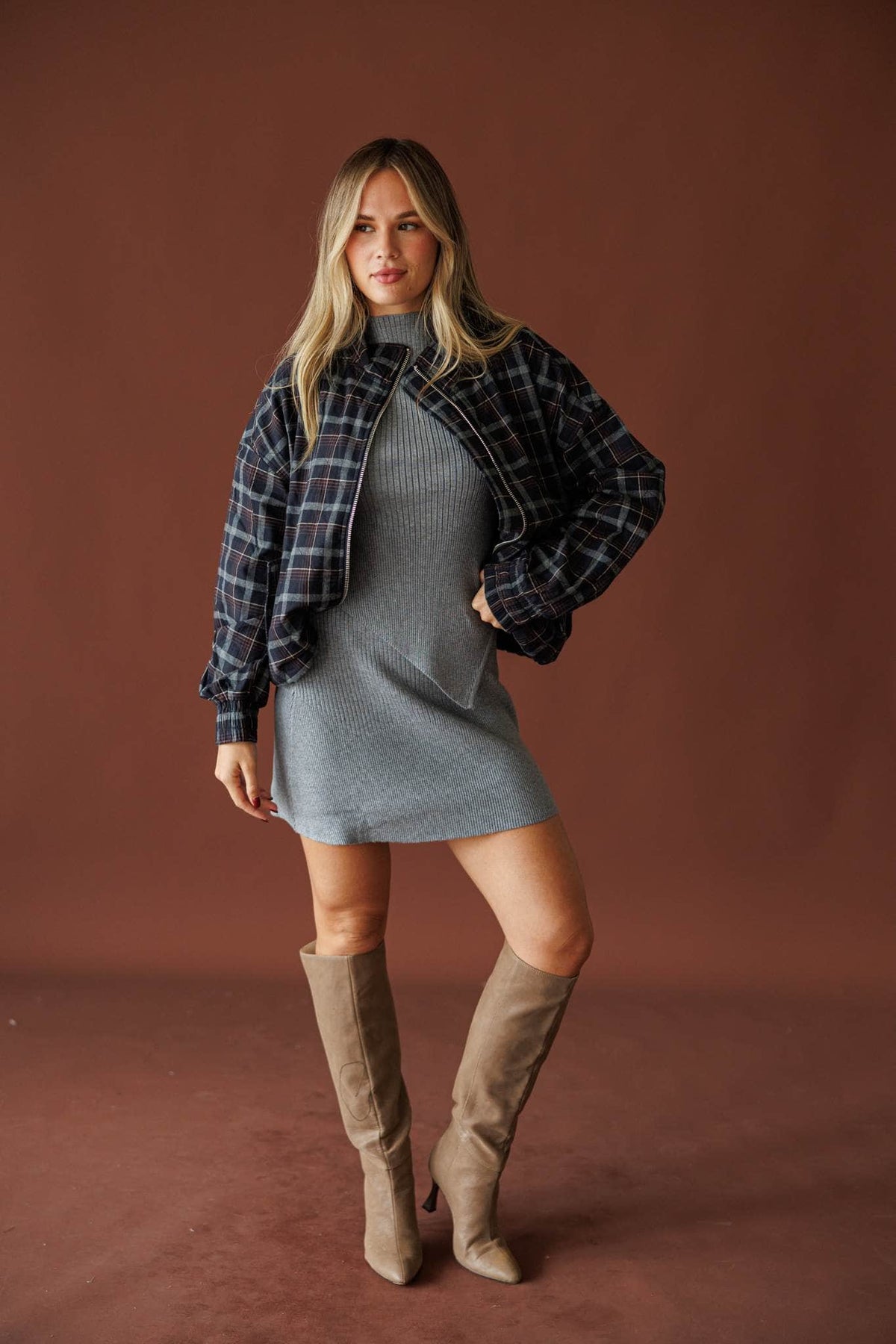 West Village Mini Skirt in heather grey, full-length view with a plaid bomber jacket