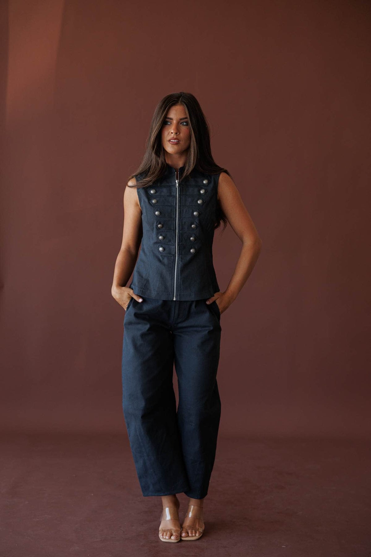 The Regent Vest, in navy, three-quarter front view with the matching pants