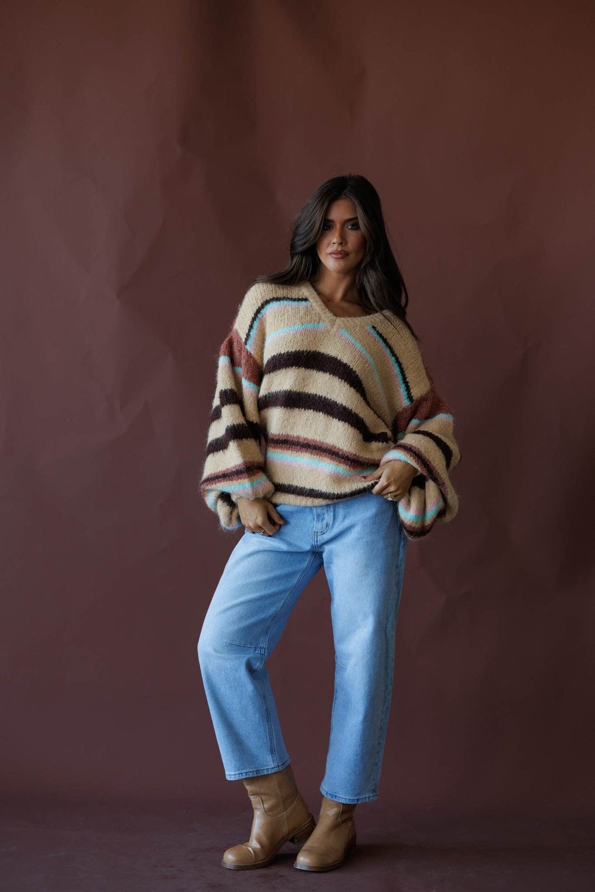 Taupe multi knit sweater, front view