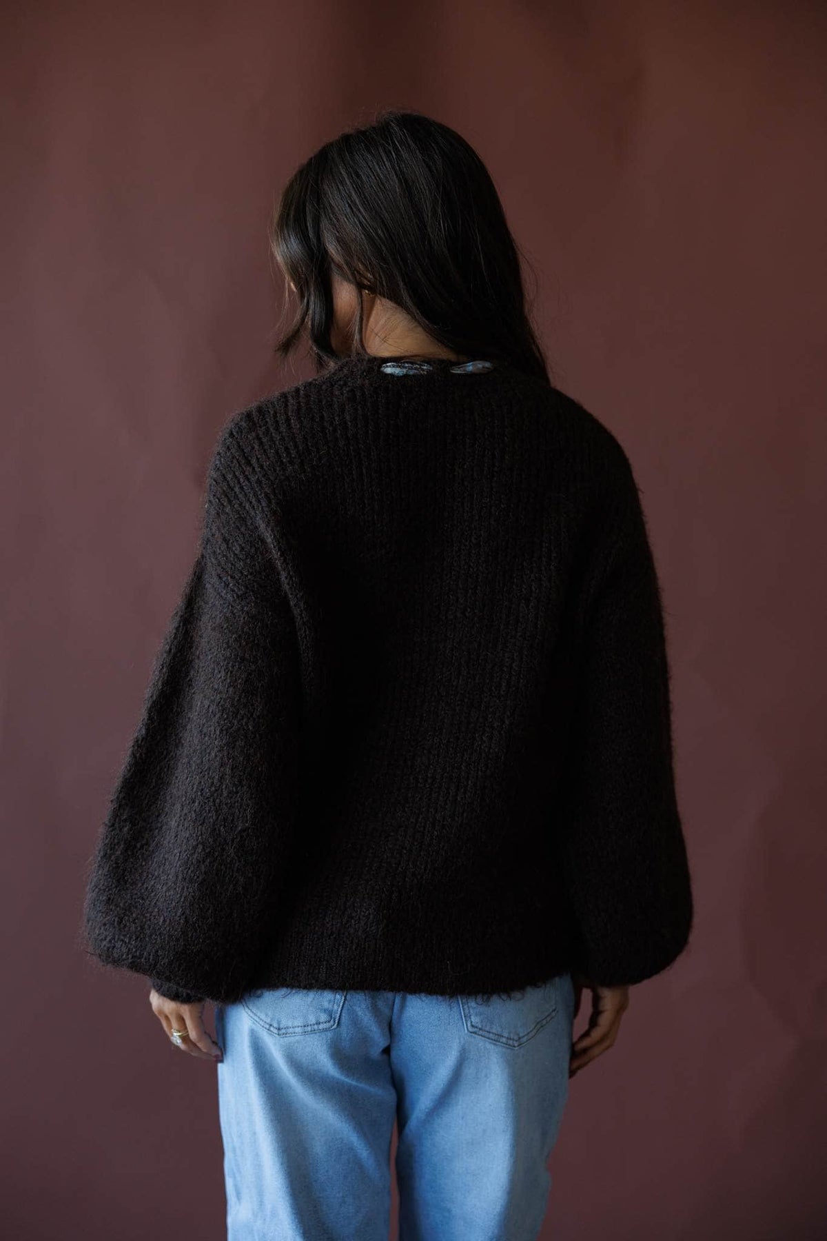 Brown sweater with satin scarf neck tie
