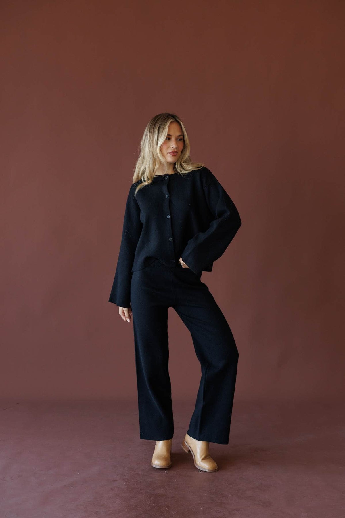 Black cardigan, front view