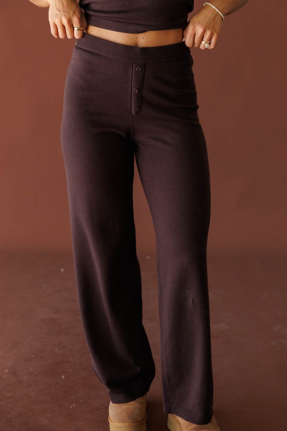 Brown knit wide leg pants, front view