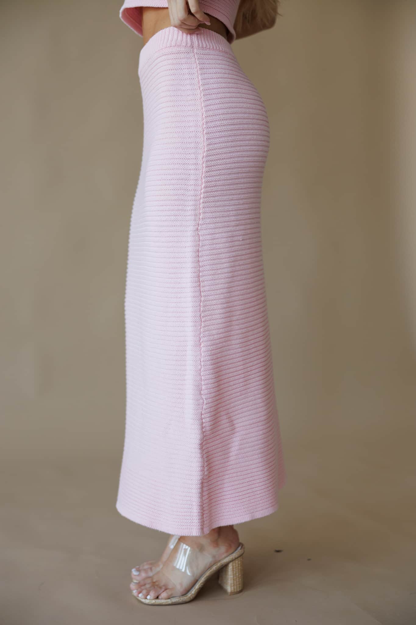 Pink Ribbed Sweater Midi Skirt