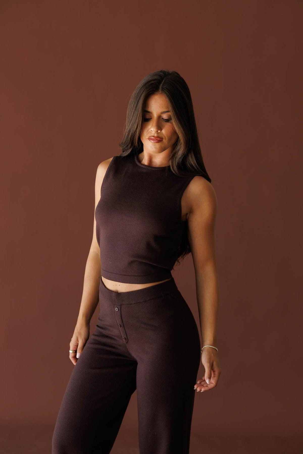 Brown knit sleeveless tank, front view