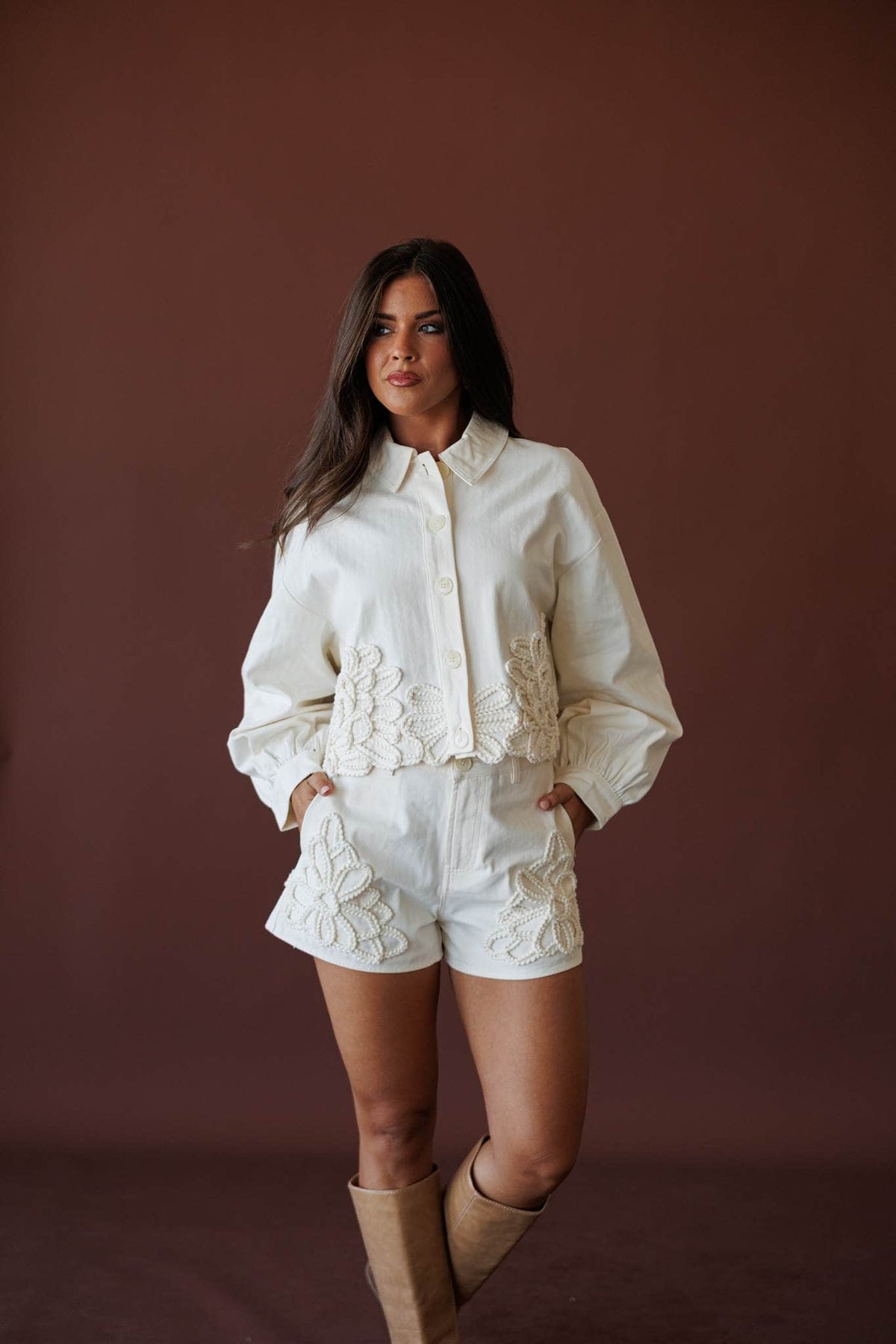 Wildflower Utility Jacket, in ecru, front view of the crochet trim utility jacket