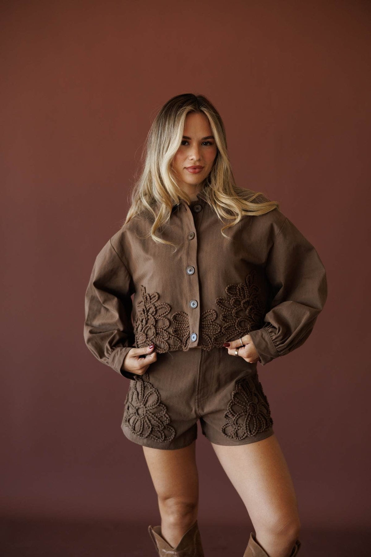Wildflower Utility Jacket, in brown, front view of the crochet trim utility jacket