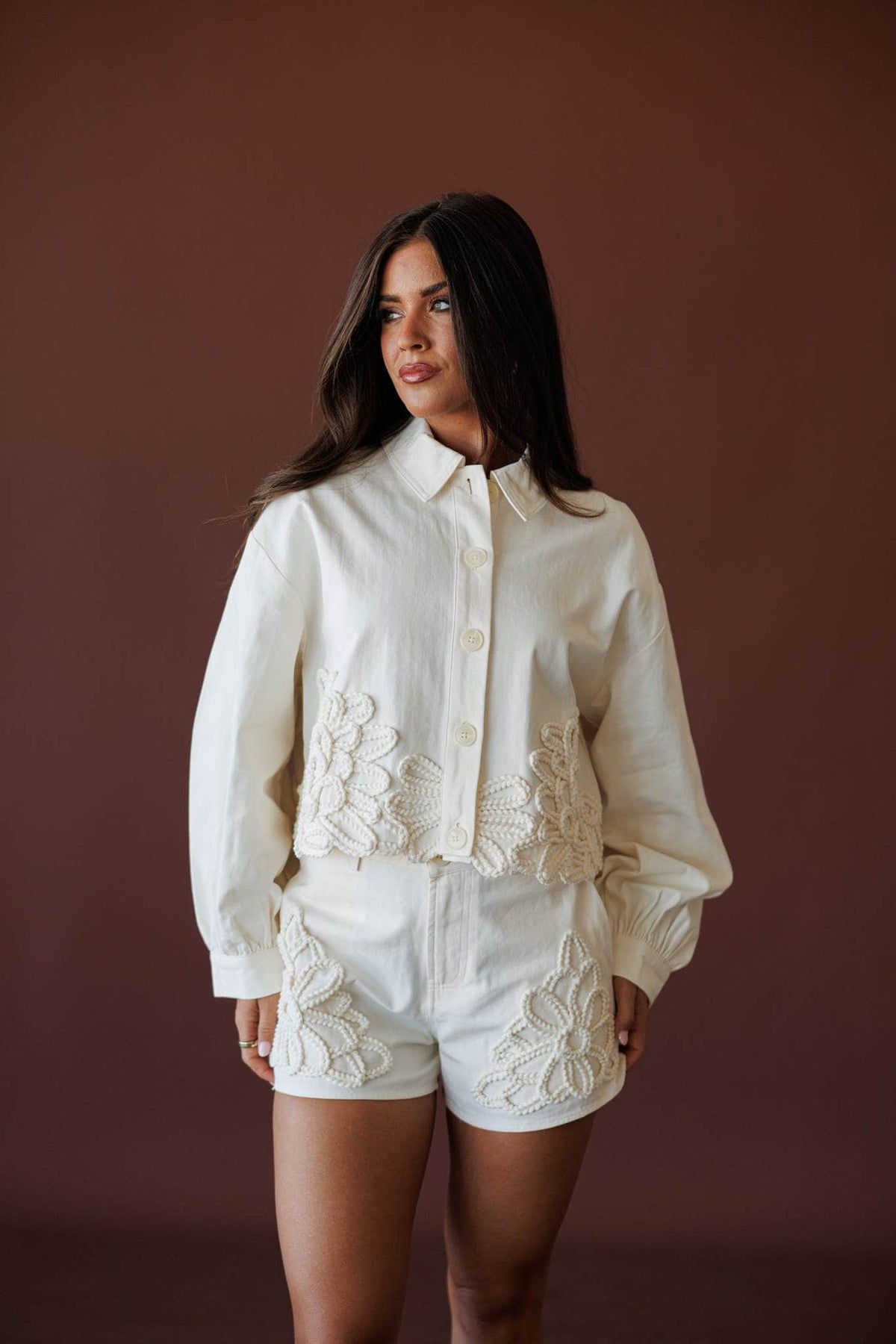 Wildflower Utility Jacket, in ecru, three-quarter front view with the matching shorts