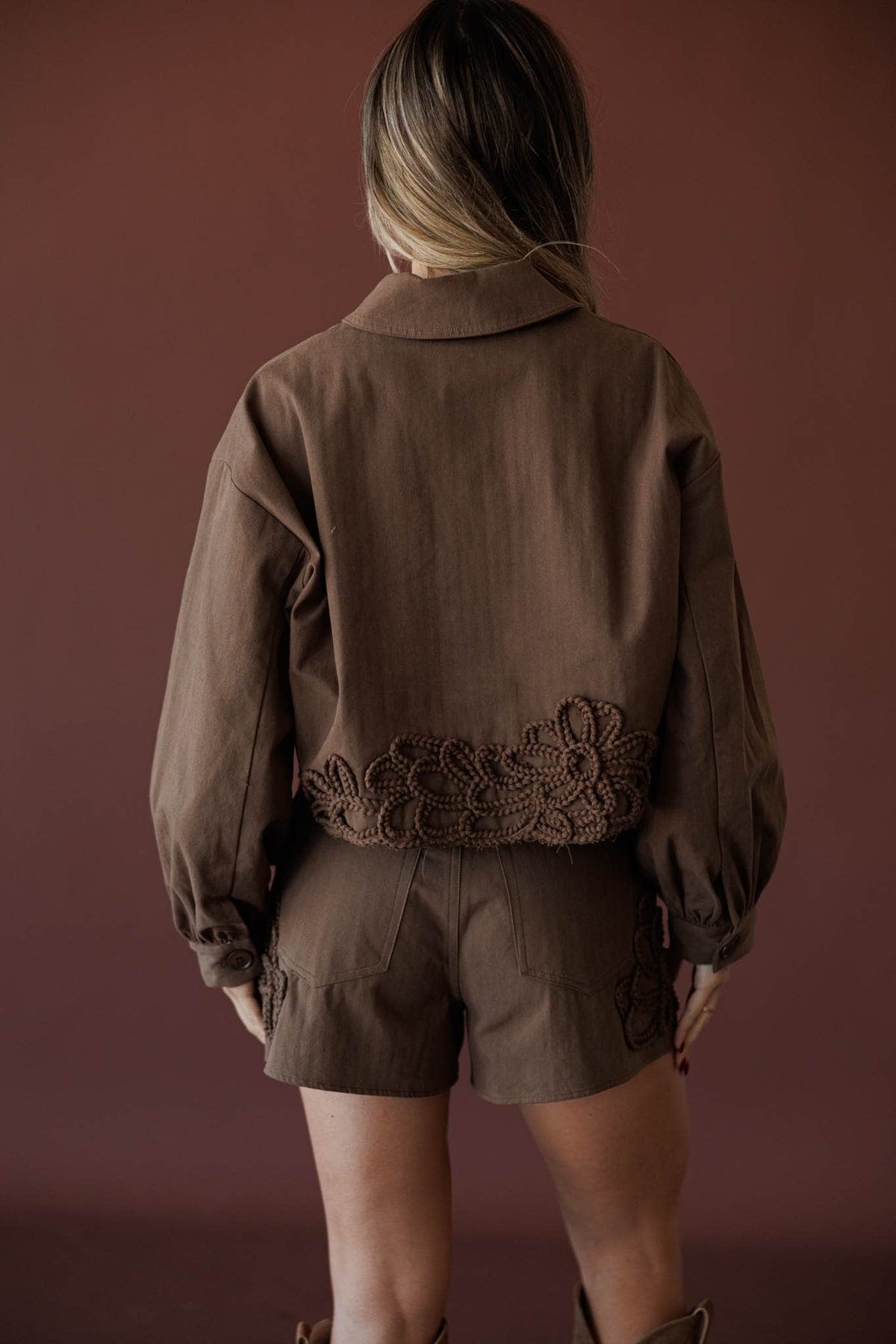 Wildflower Utility Jacket, in brown, back view of the utility jacket