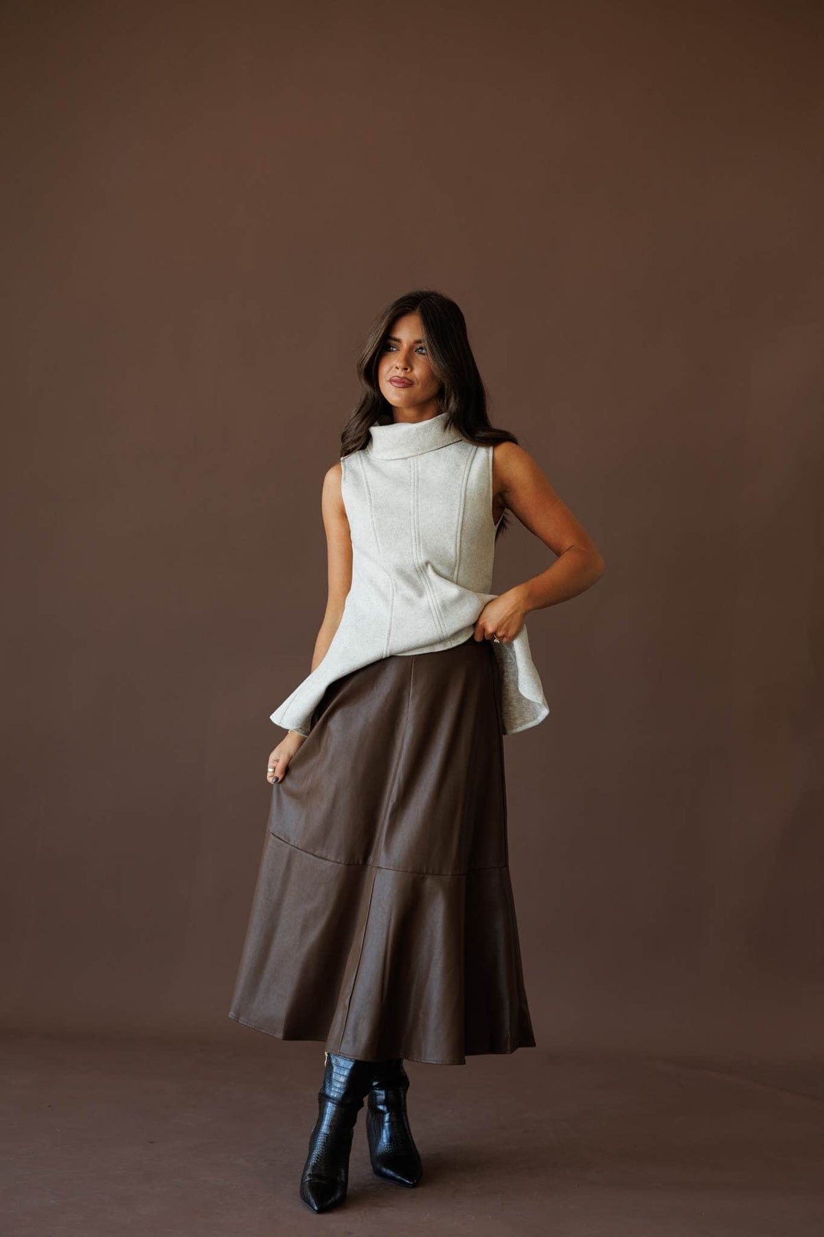 Chocolate leather midi skirt